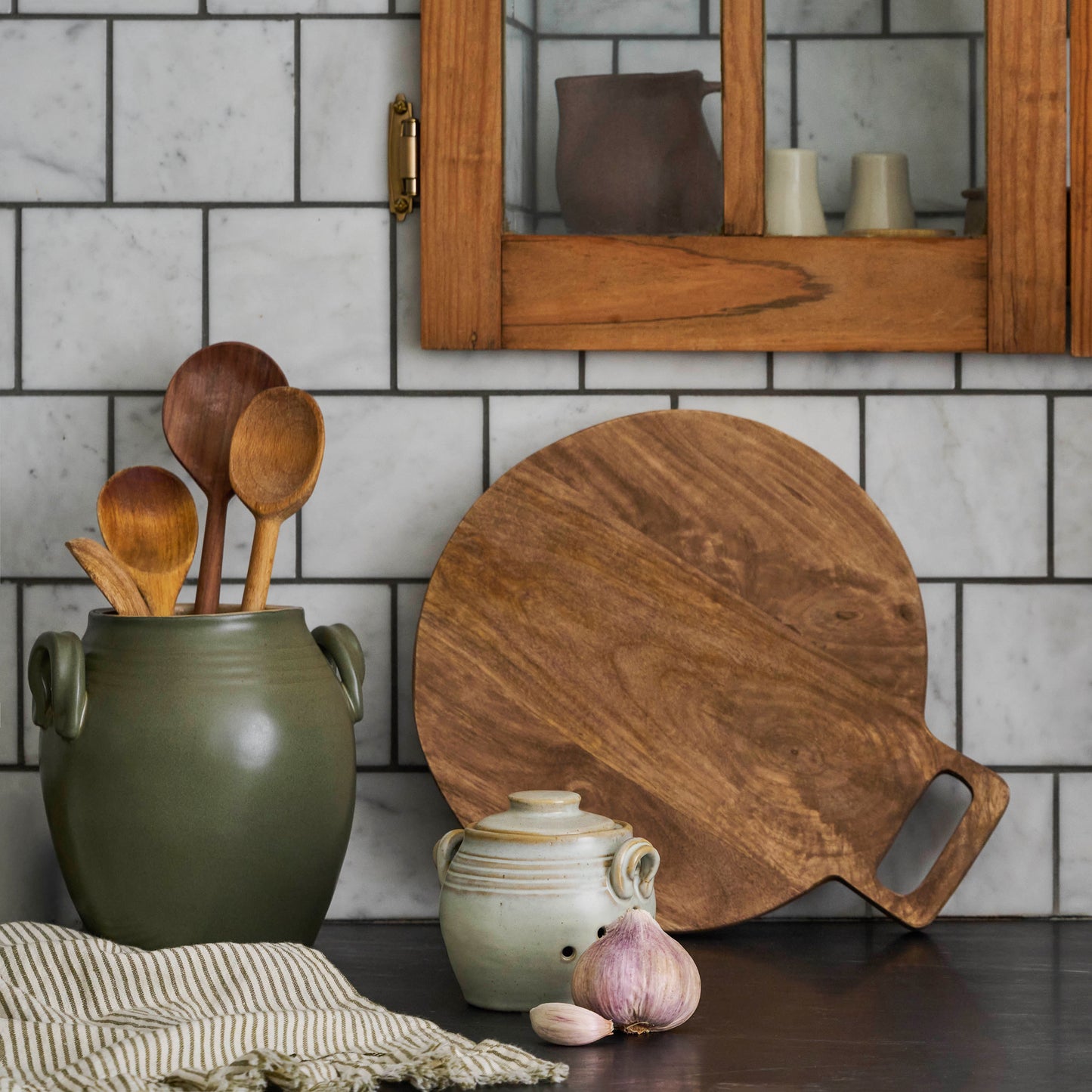 French Grey Garlic Keeper shown on countertop