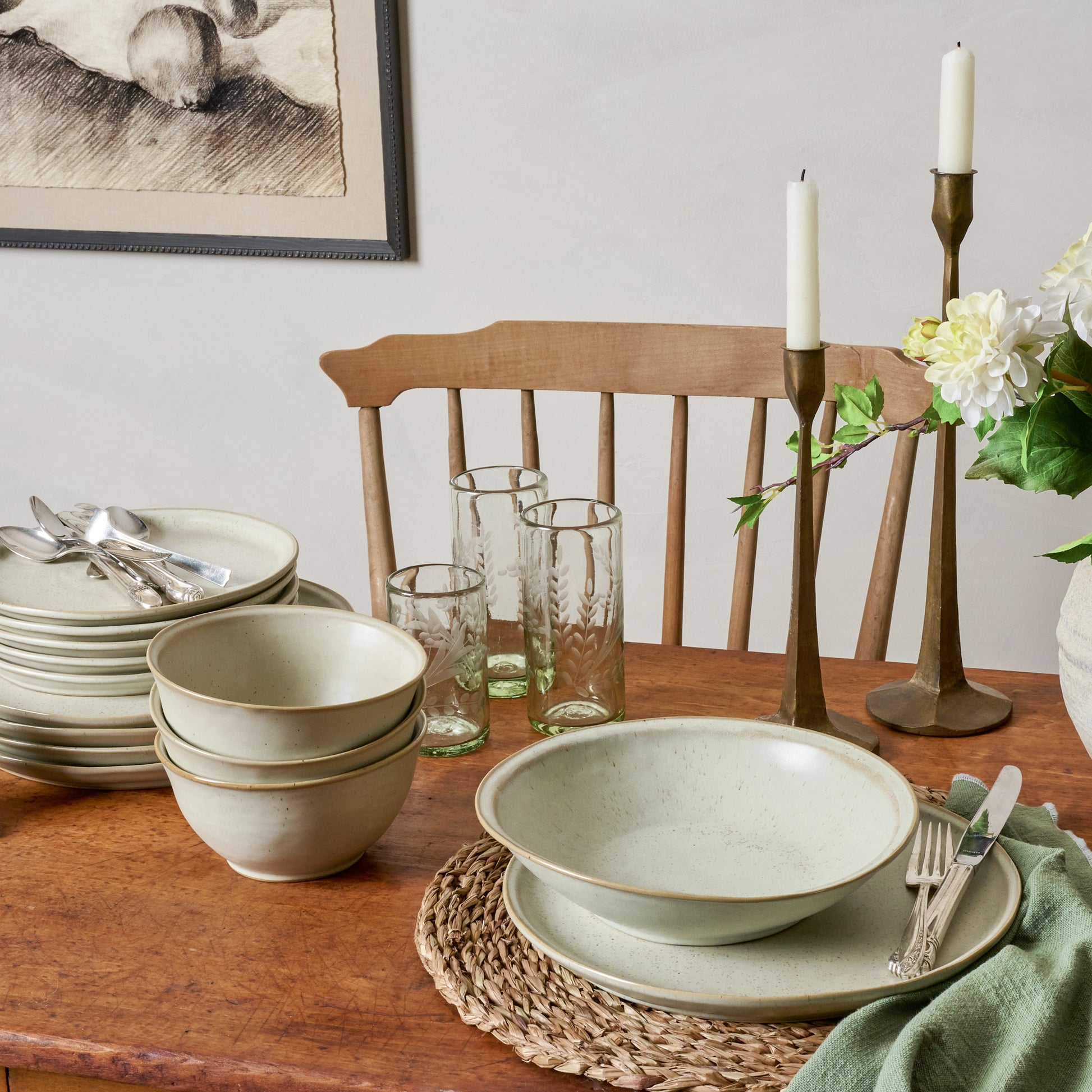 French Grey Pasta Bowl on a set table