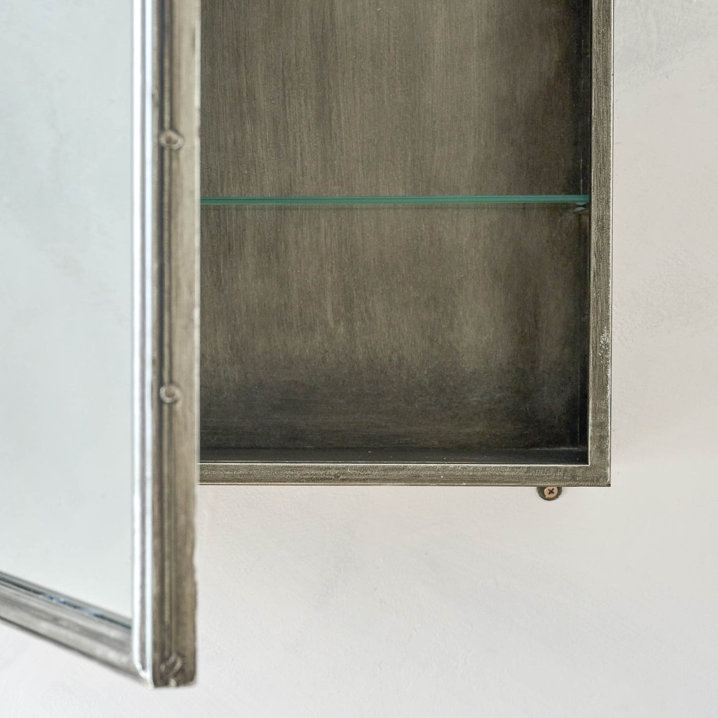 Archer Medicine Cabinet in silver close up of cabinet open