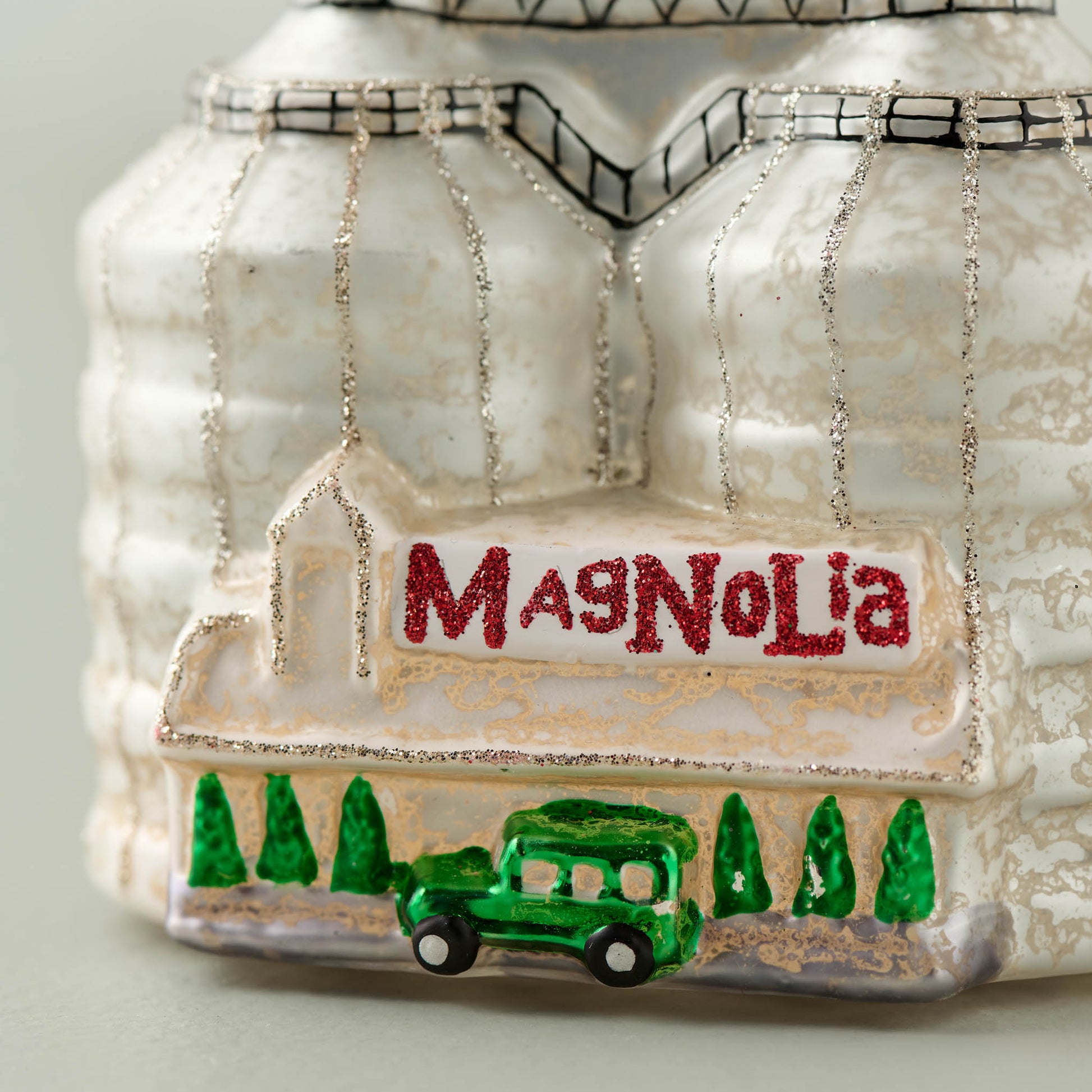 Magnolia Silos Vintage Glass Ornament close up