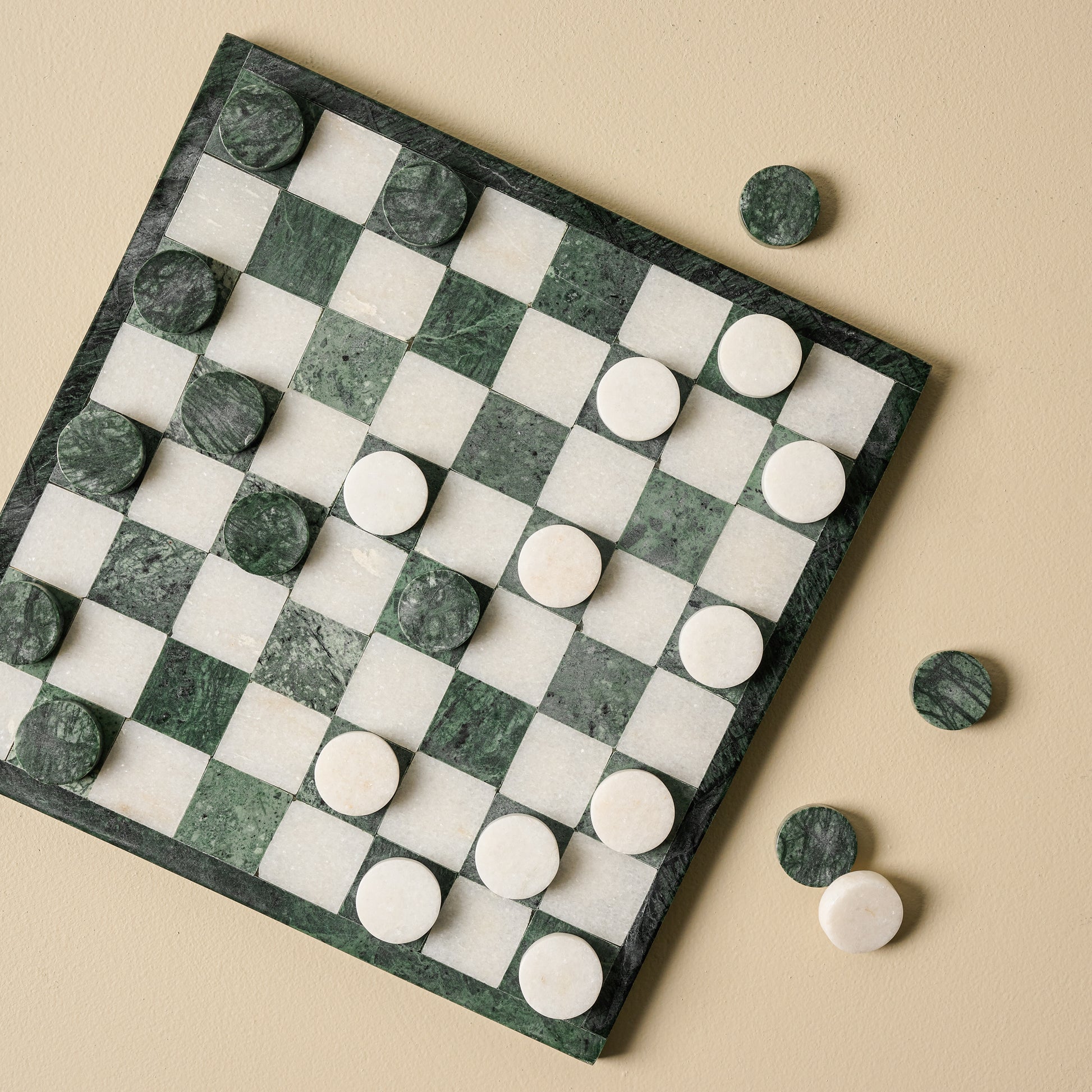 Green and White Marble Checkers Set