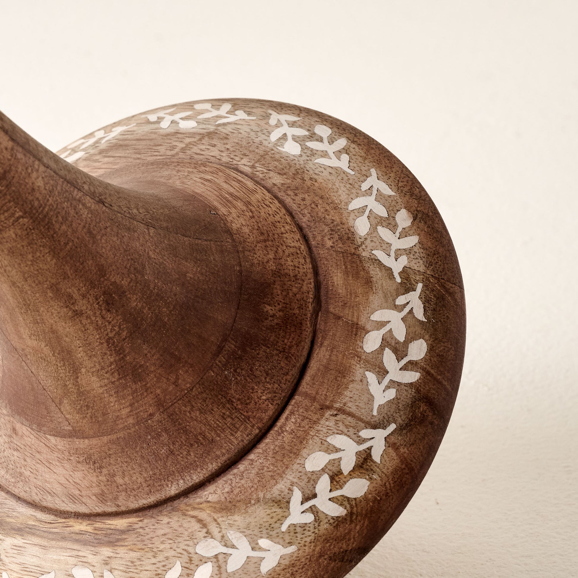 Large Etched Wood Spinner up close
