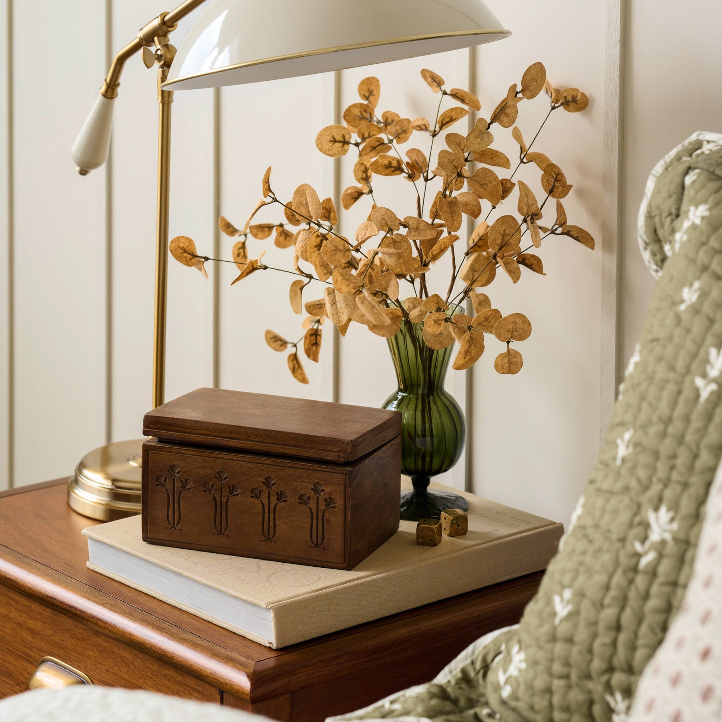 Etched Wood Keepsake Box shown on bedside table