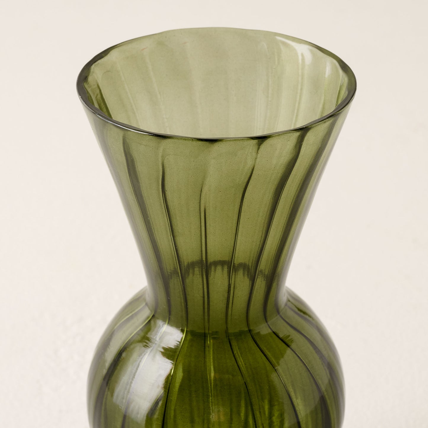 Fluted Green Glass Vase top up close