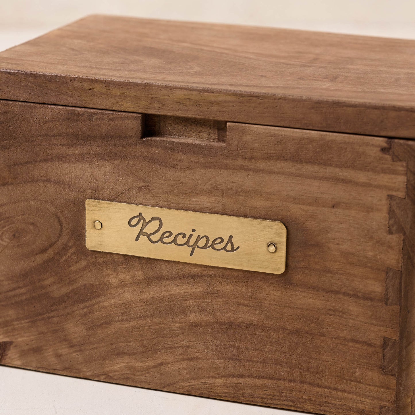 Antiqued Wood Recipe Box close up of recipes label on box