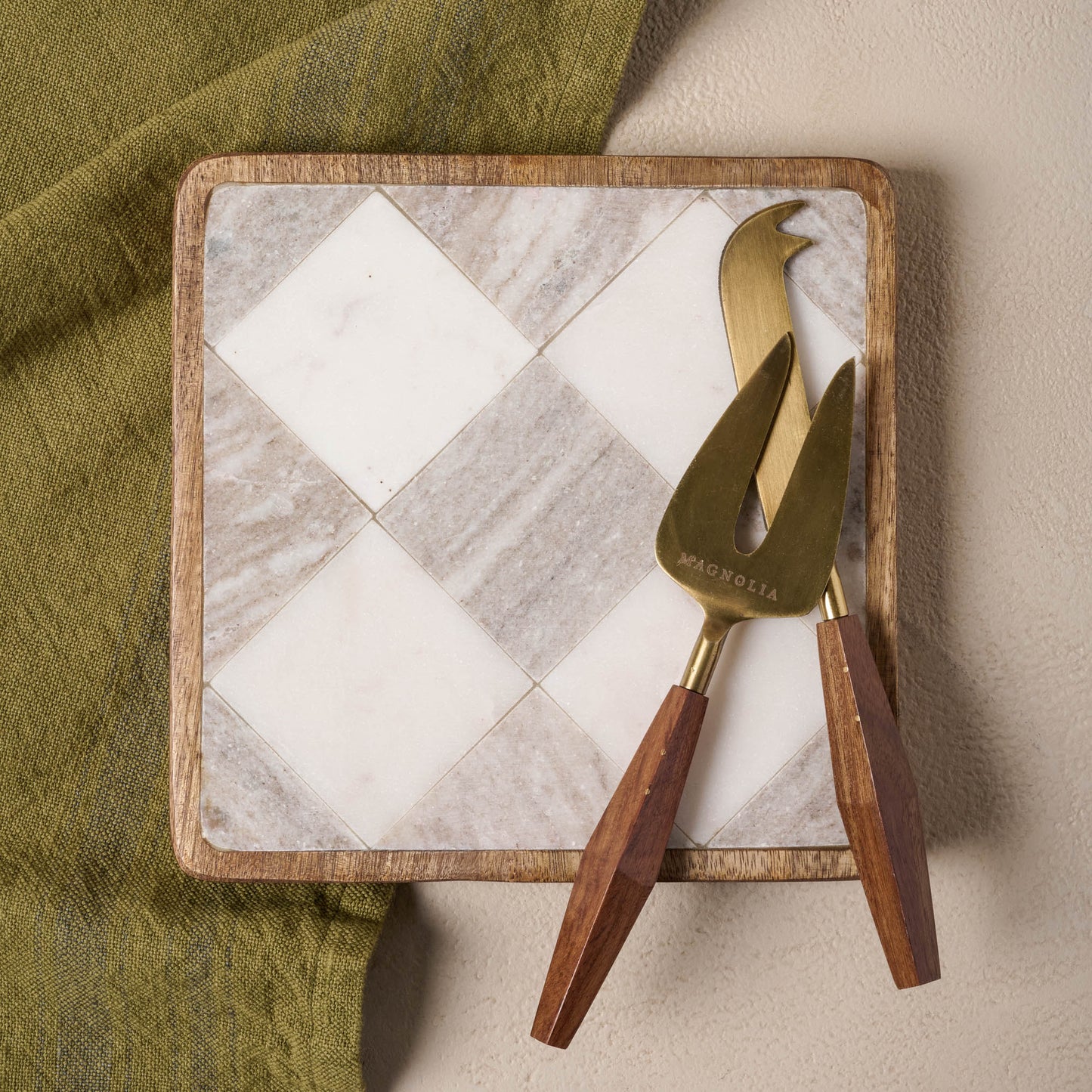Everett Checkered Marble Trivet with cheese knives