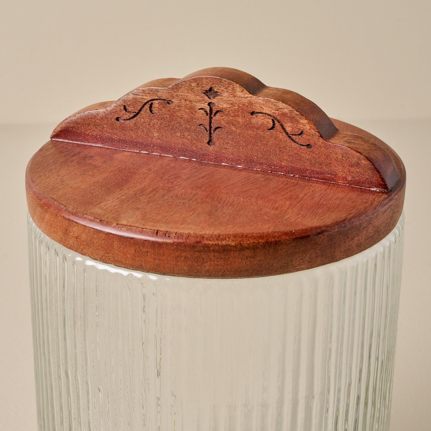 Antiqued Wood Ribbed Glass Canister up close
