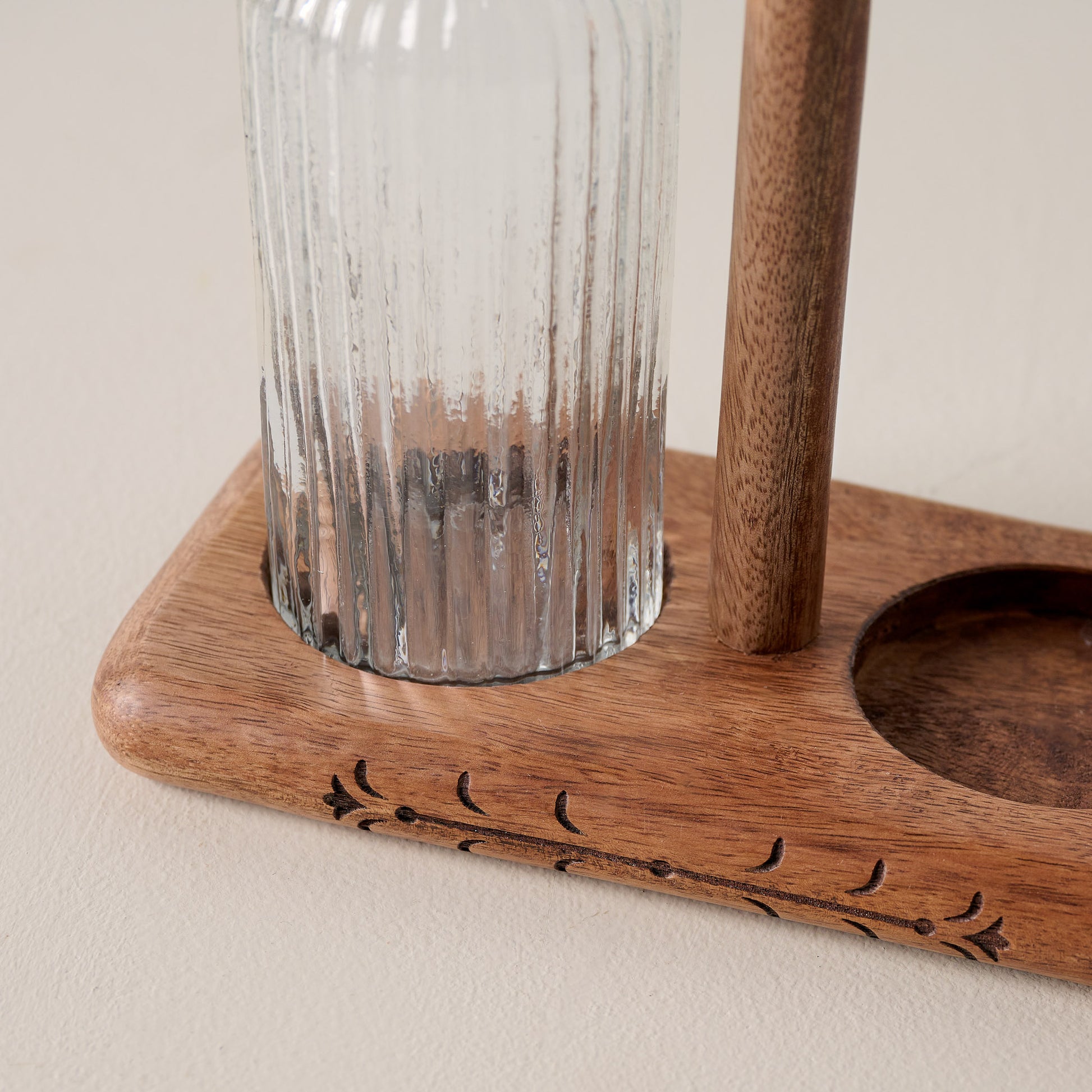 Antiqued Wood Ribbed Glass Oil & Vinegar Set shown up close