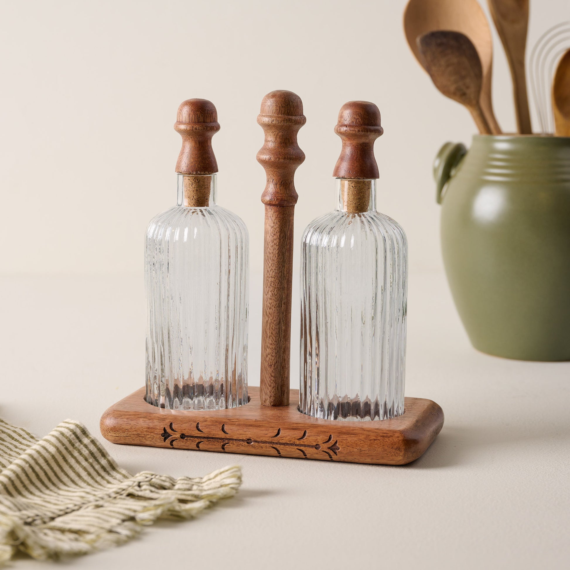 Antiqued Wood Ribbed Glass Oil & Vinegar Set shown with other fall product