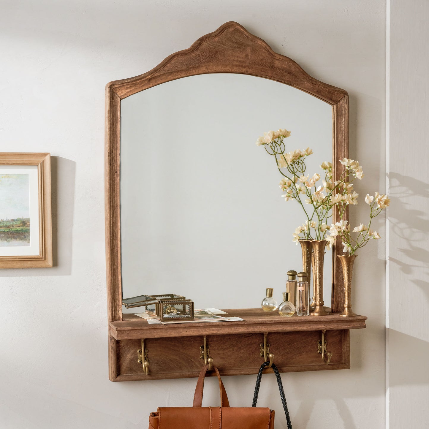 James Mirror with Hooks and Shelf with vase and flowers on shelf