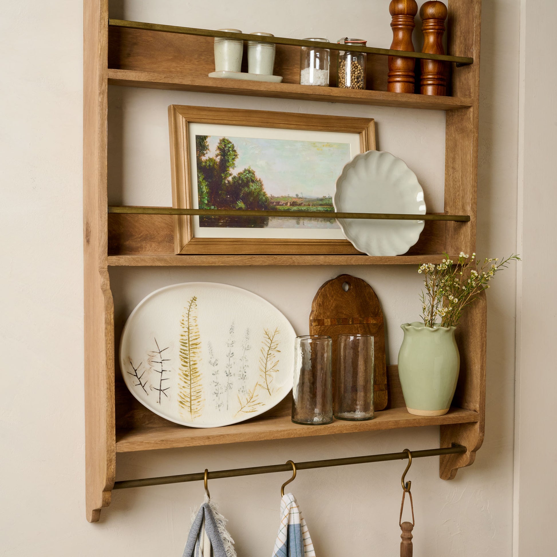 Hannon Wood and Brass Display Shelf with kitchen items on shelf