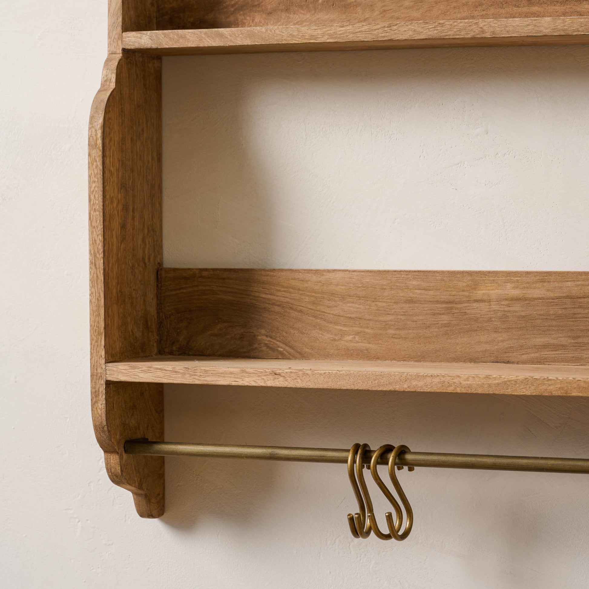 Hannon Wood and Brass Display Shelf close up of bottom of shelf