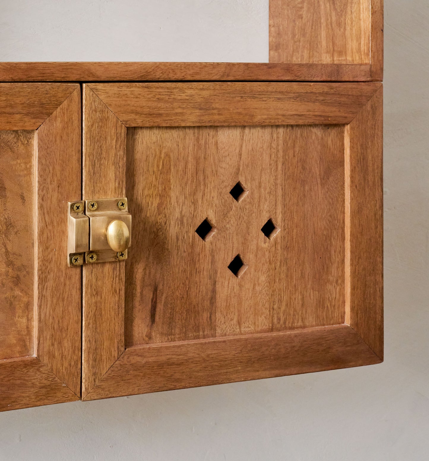 Vaughn Antiqued Wood Shelf with Doors close up