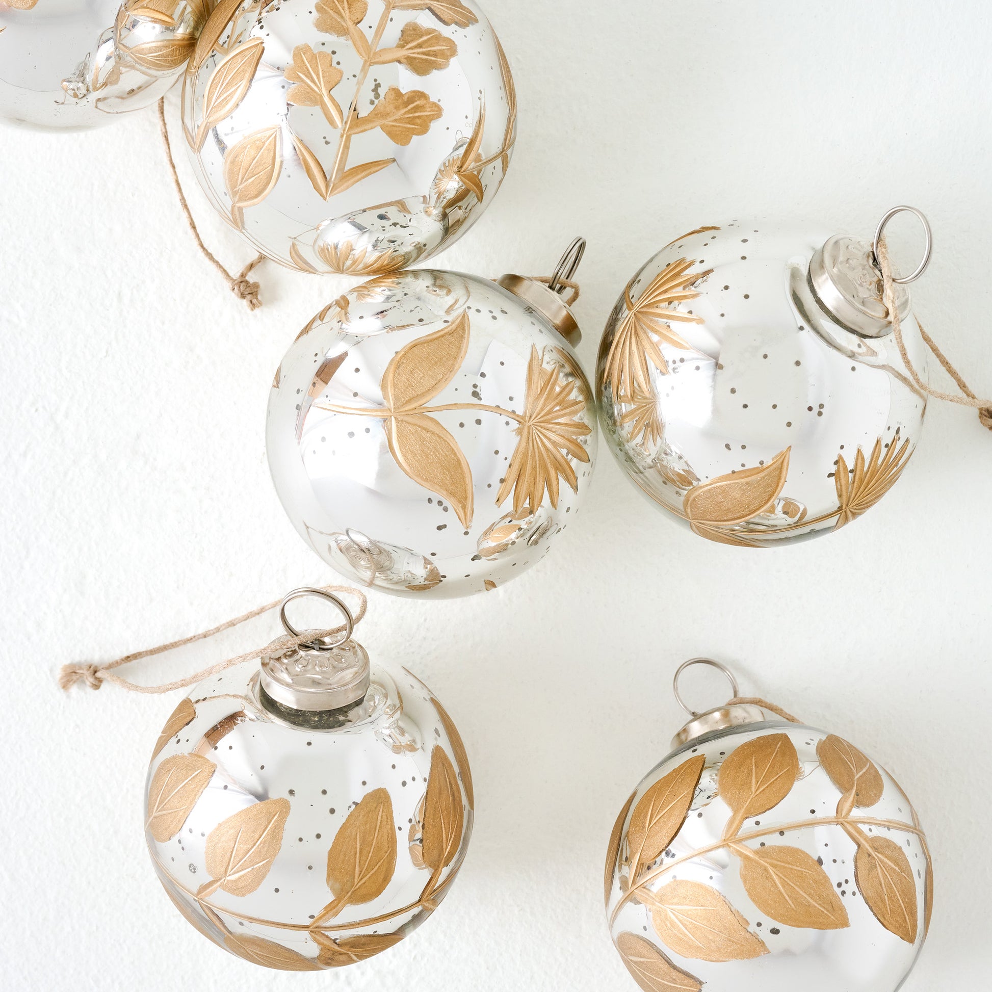 Small Mercury Glass and Gold Botanical Ornament Set of Six up close