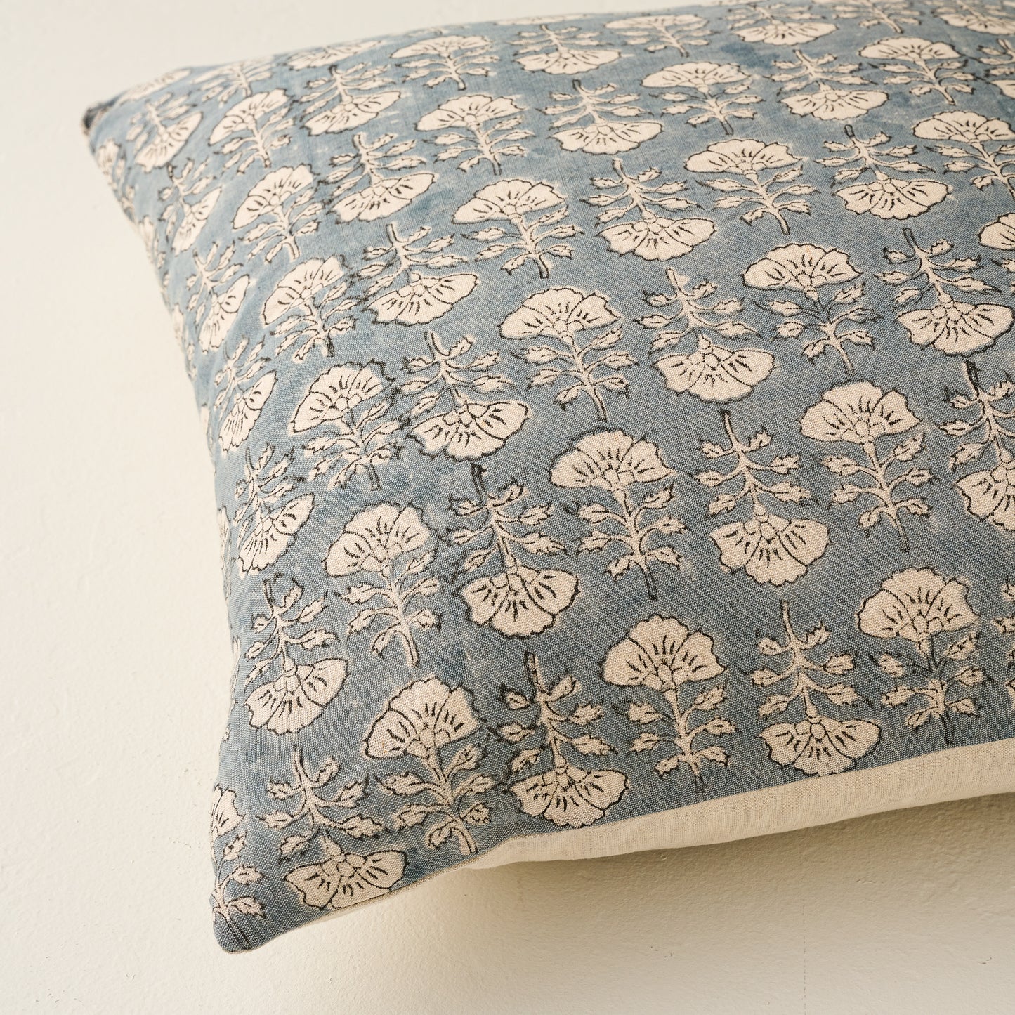 Flora Silver Blue Printed Pillow close up