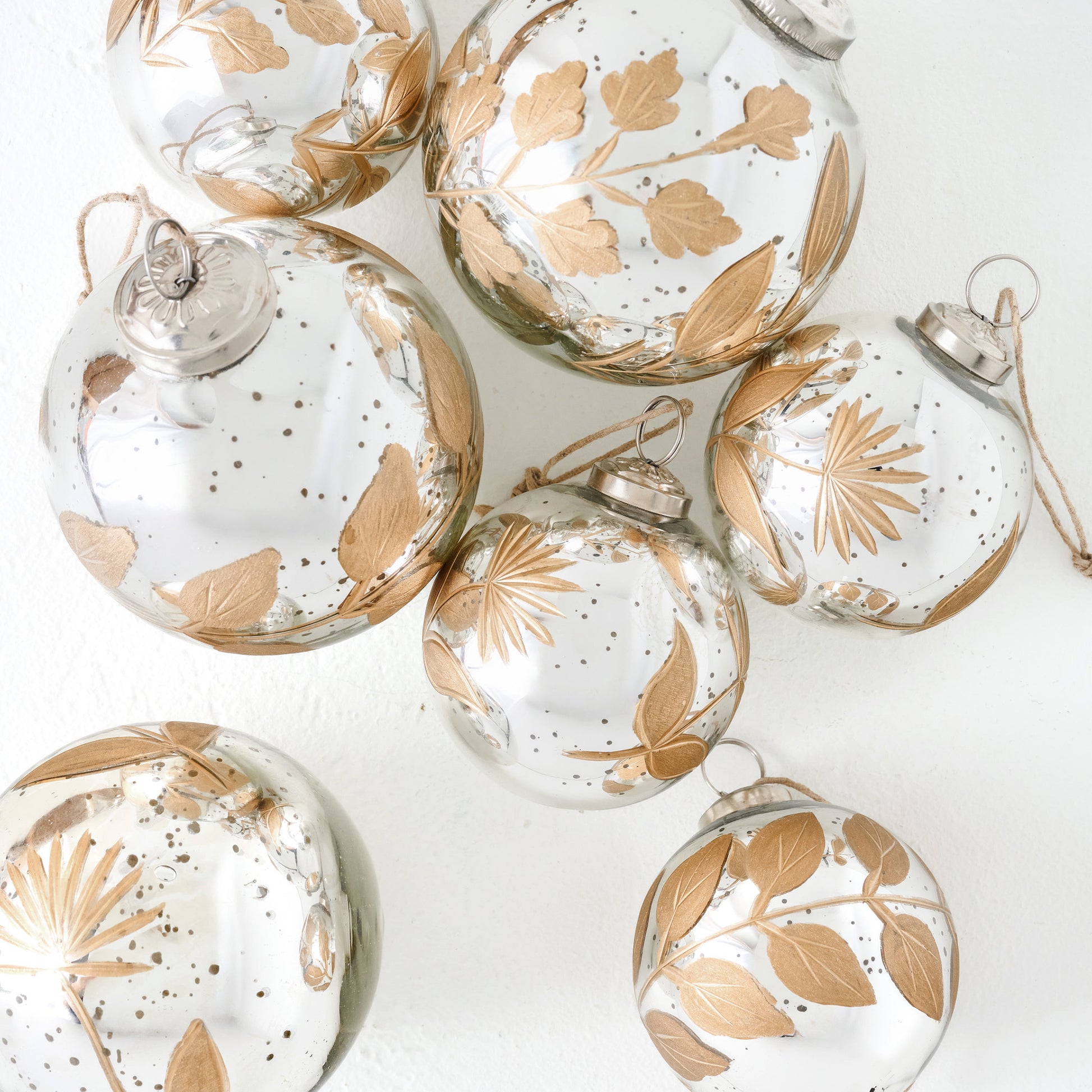 Small and Large Mercury Glass and Gold Botanical Ornament Set of Six up close