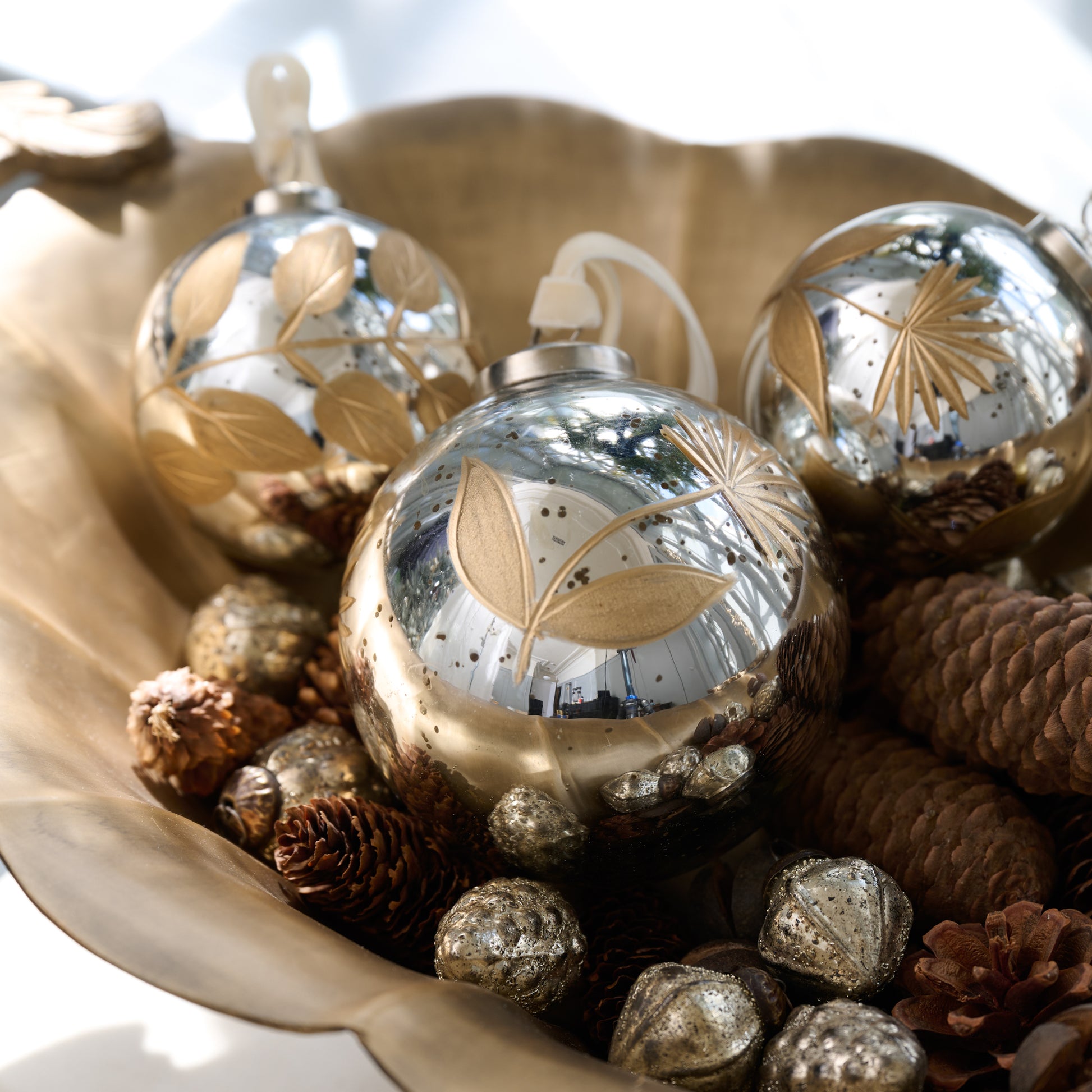 Mercury Glass and Gold Botanical Ornament Set of Six as bowl filler