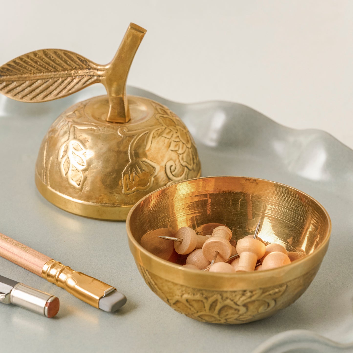 Antique Inspired Brass Apple Box shown with push pins inside