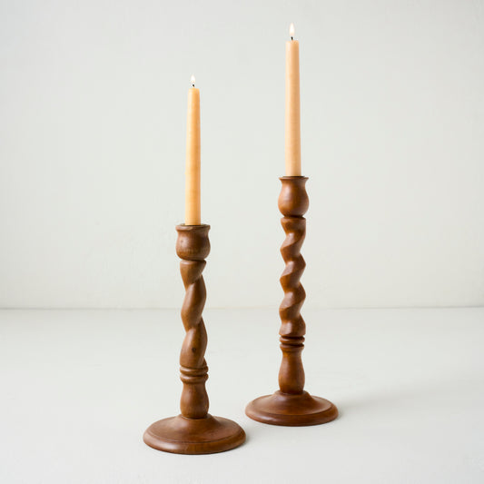Wooden Barley Twist Taper Holders shown with tapers
