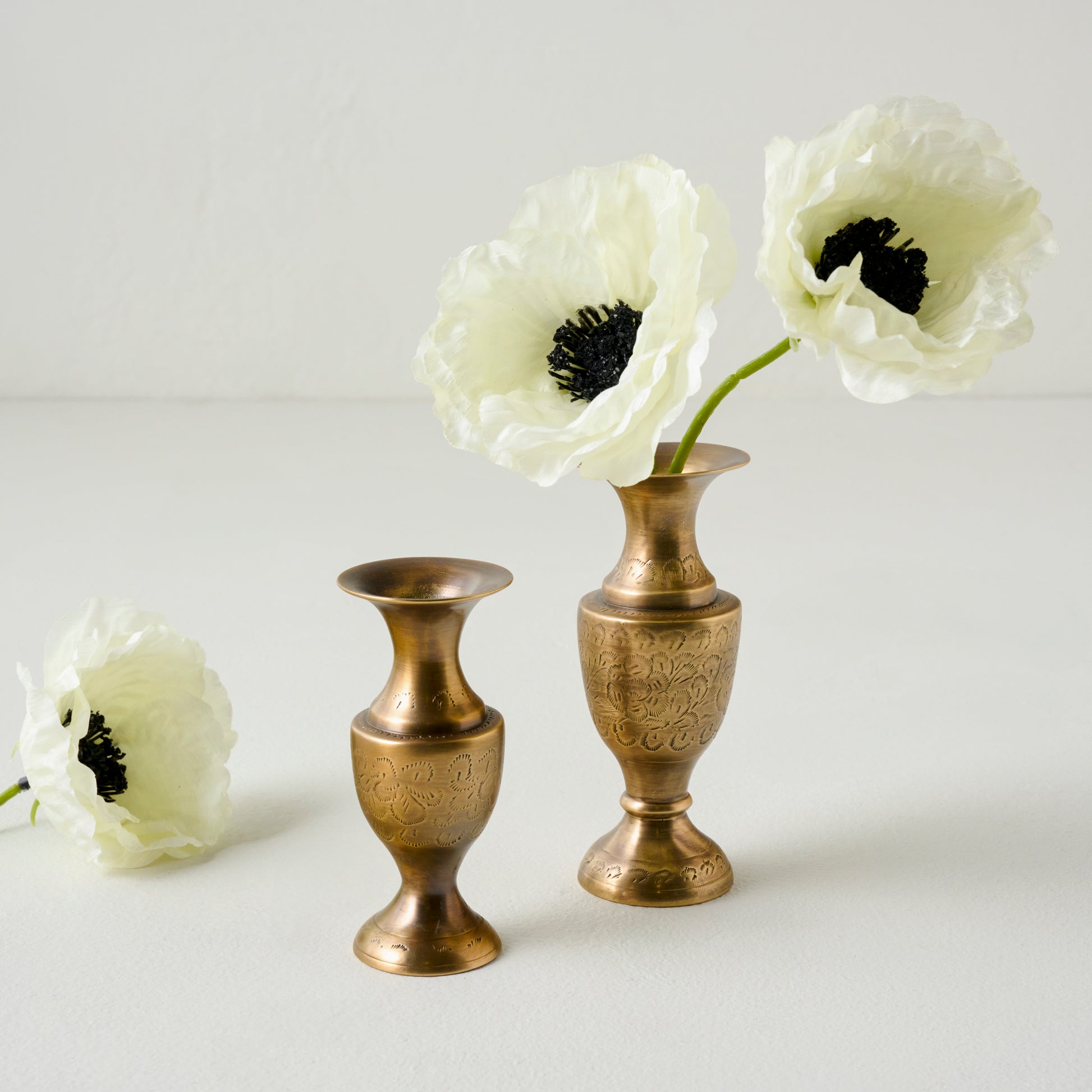 Callin Etched Brass Bud Vase shown with floral