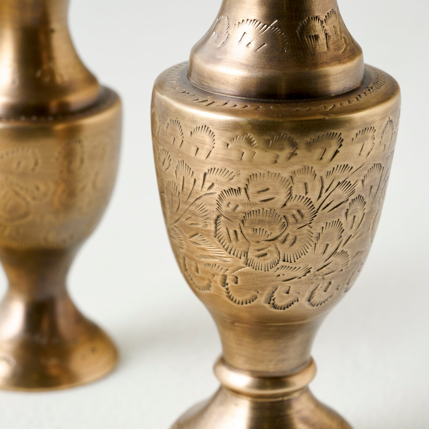 Callin Etched Brass Bud Vase up close