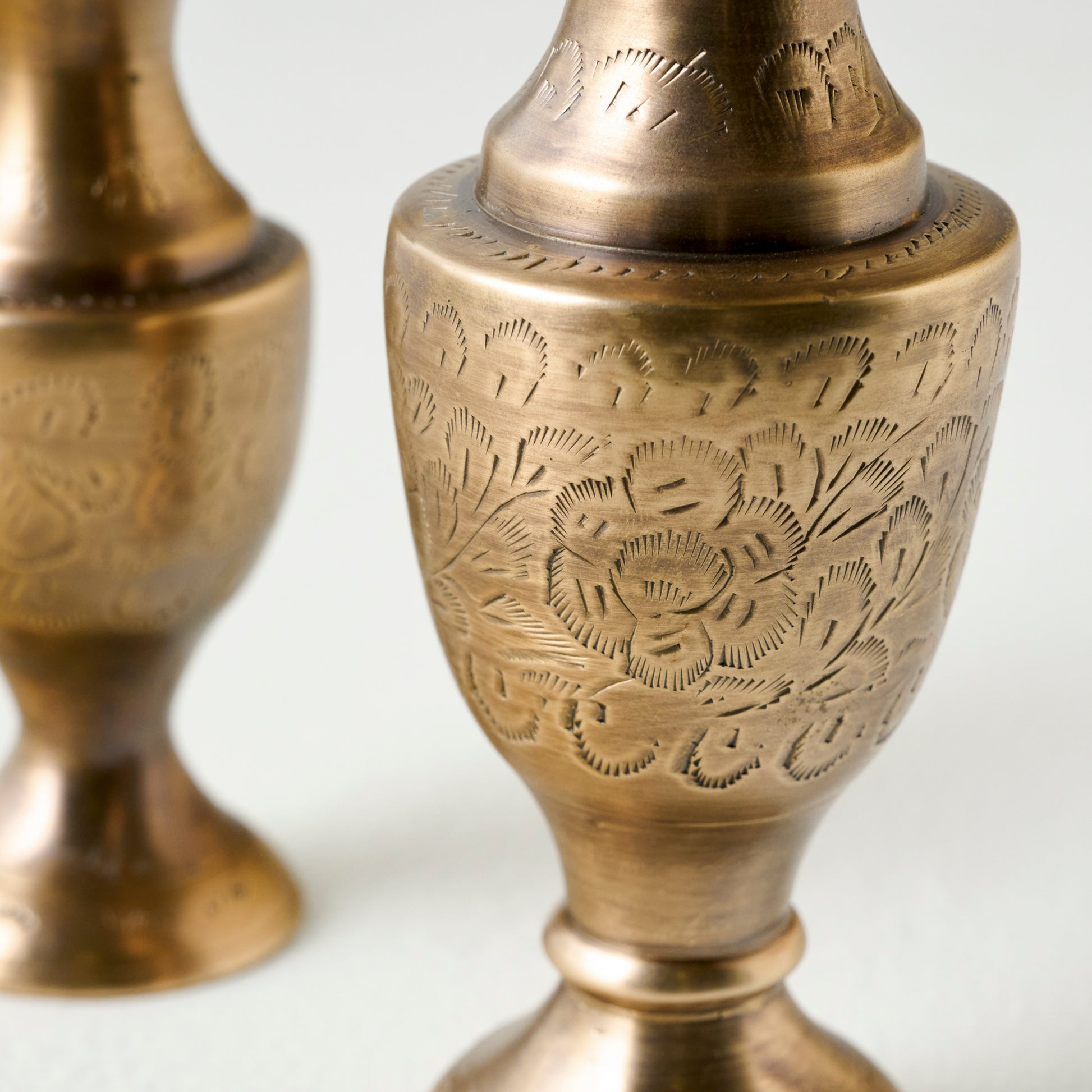 Callin Etched Brass Bud Vase up close