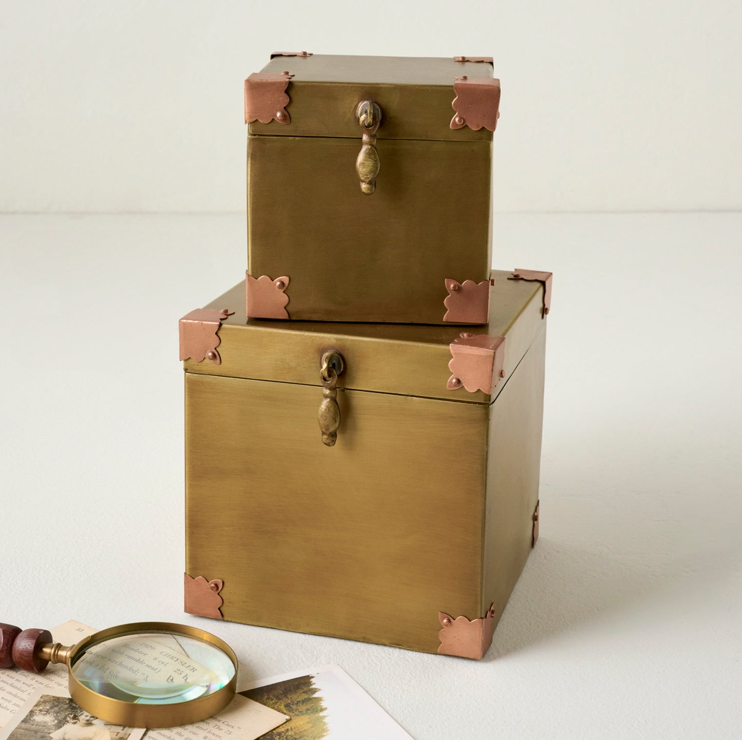 Brass and Copper Decorative Boxes shown stacked