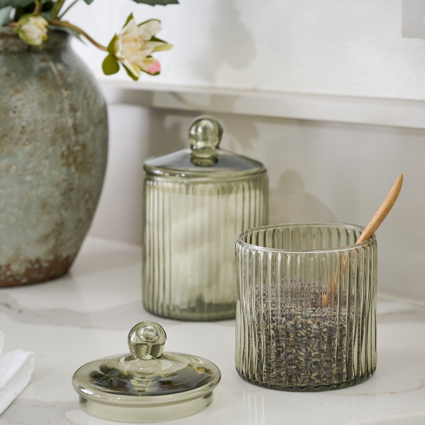 Arlo Ribbed Glass Canister on a counter