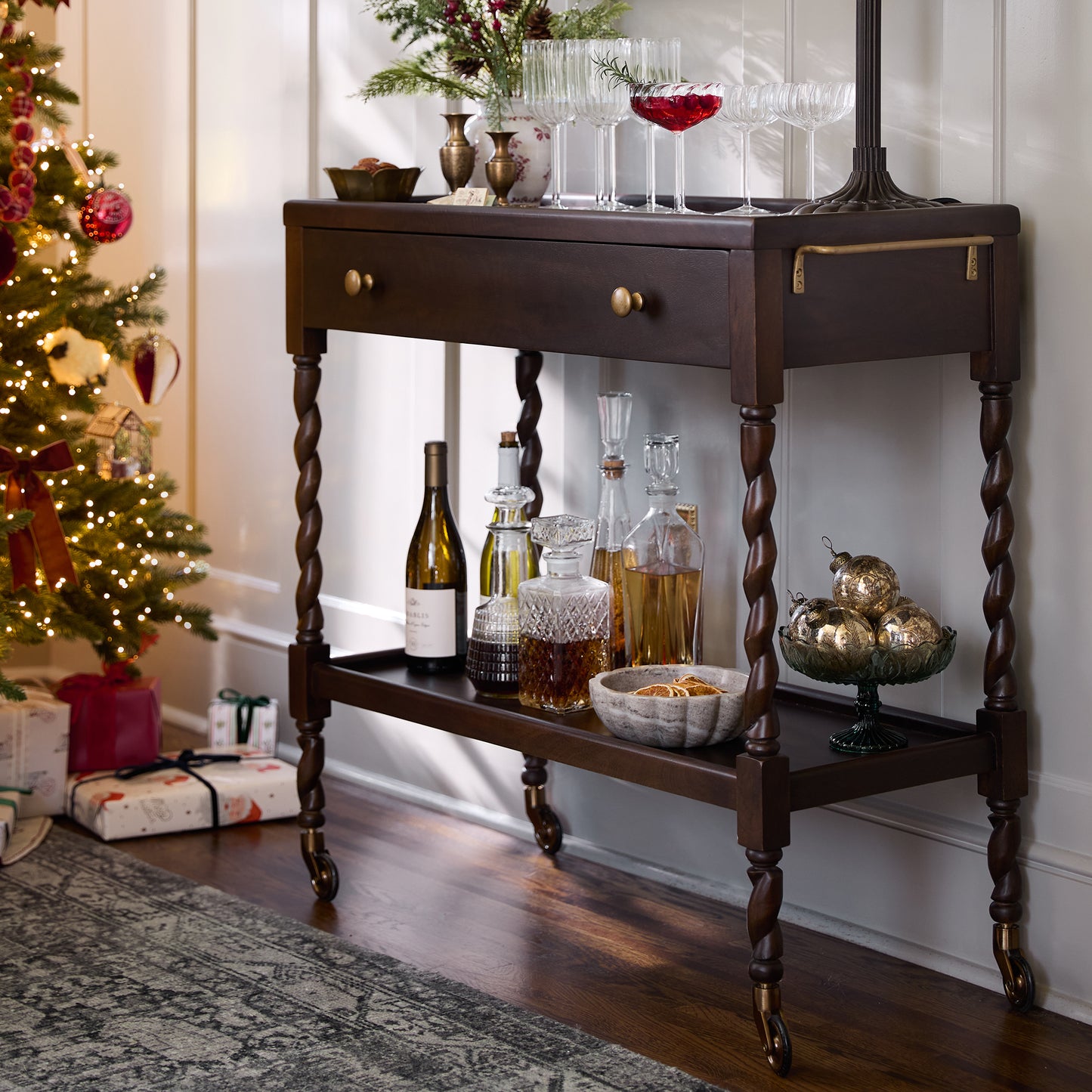 Barley Twist Bar Cart styled for holiday