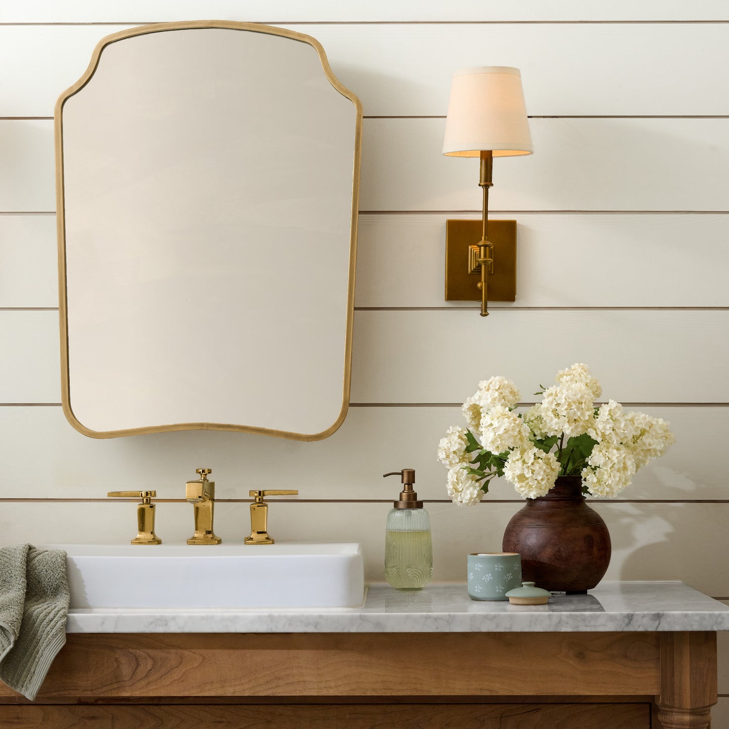 Snowball Hydrangea Bundle shown on bathroom counter in vase