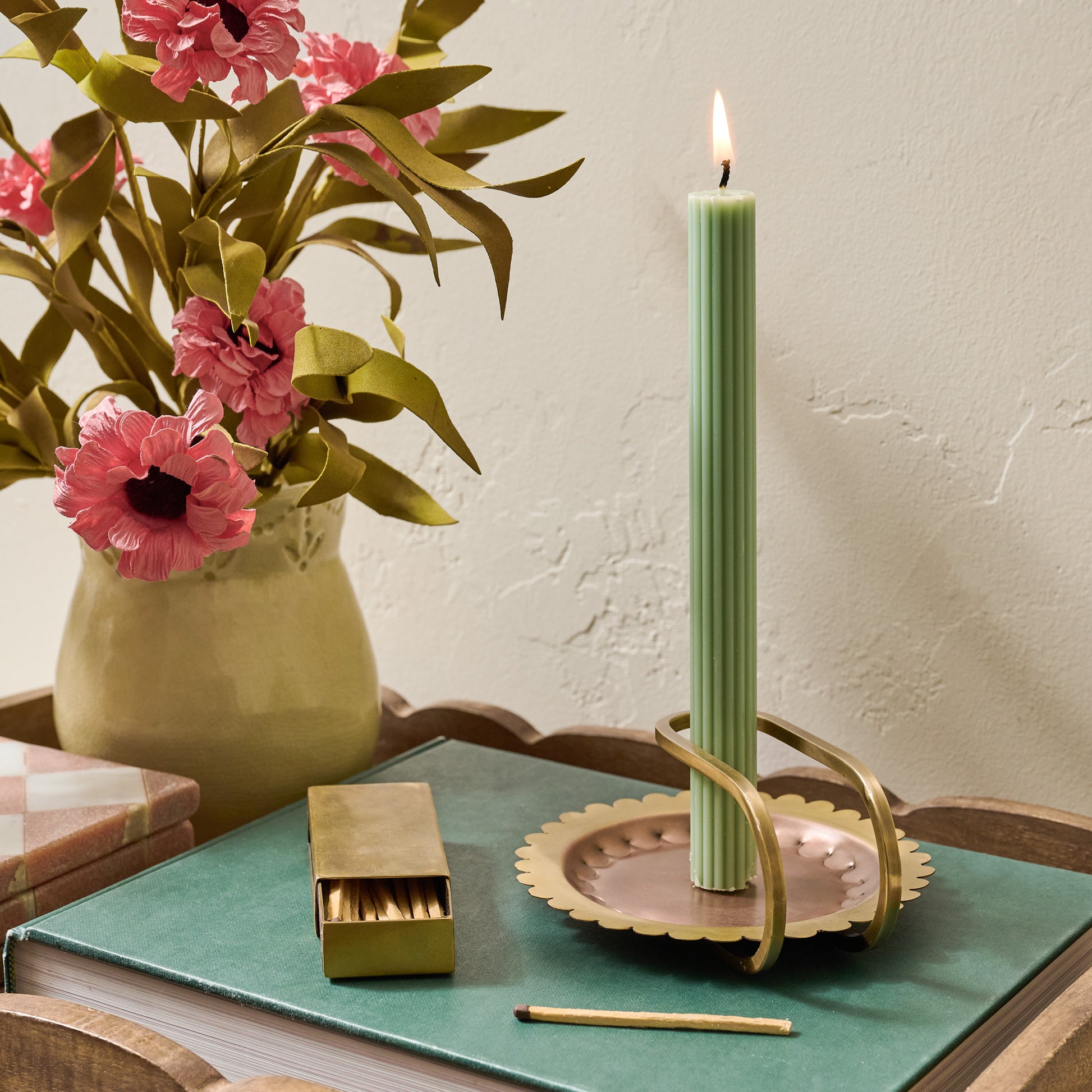 Hammered Copper and Brass Candle Holder shown styled