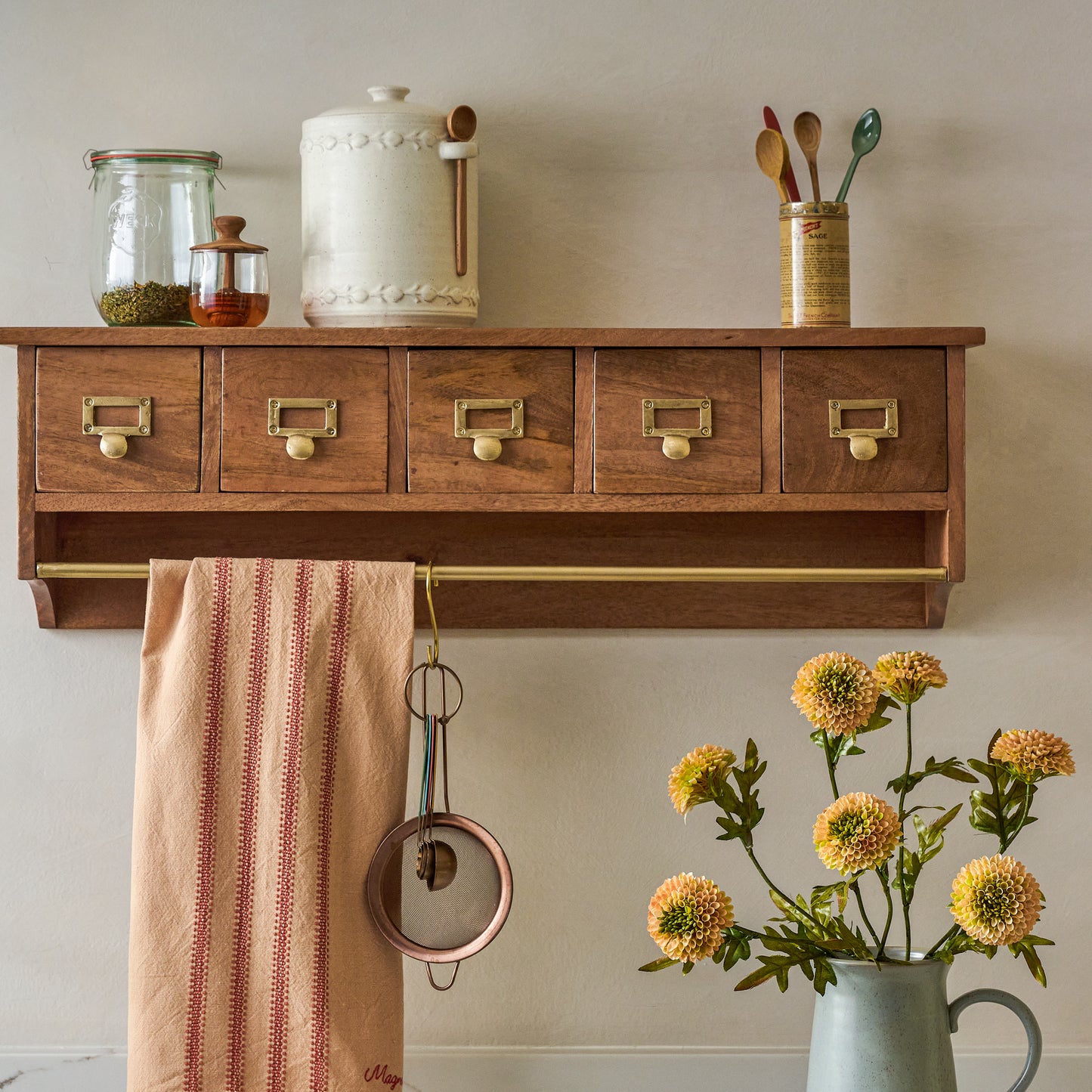 Cole Wooden Wall with Drawers and Rail shown styled