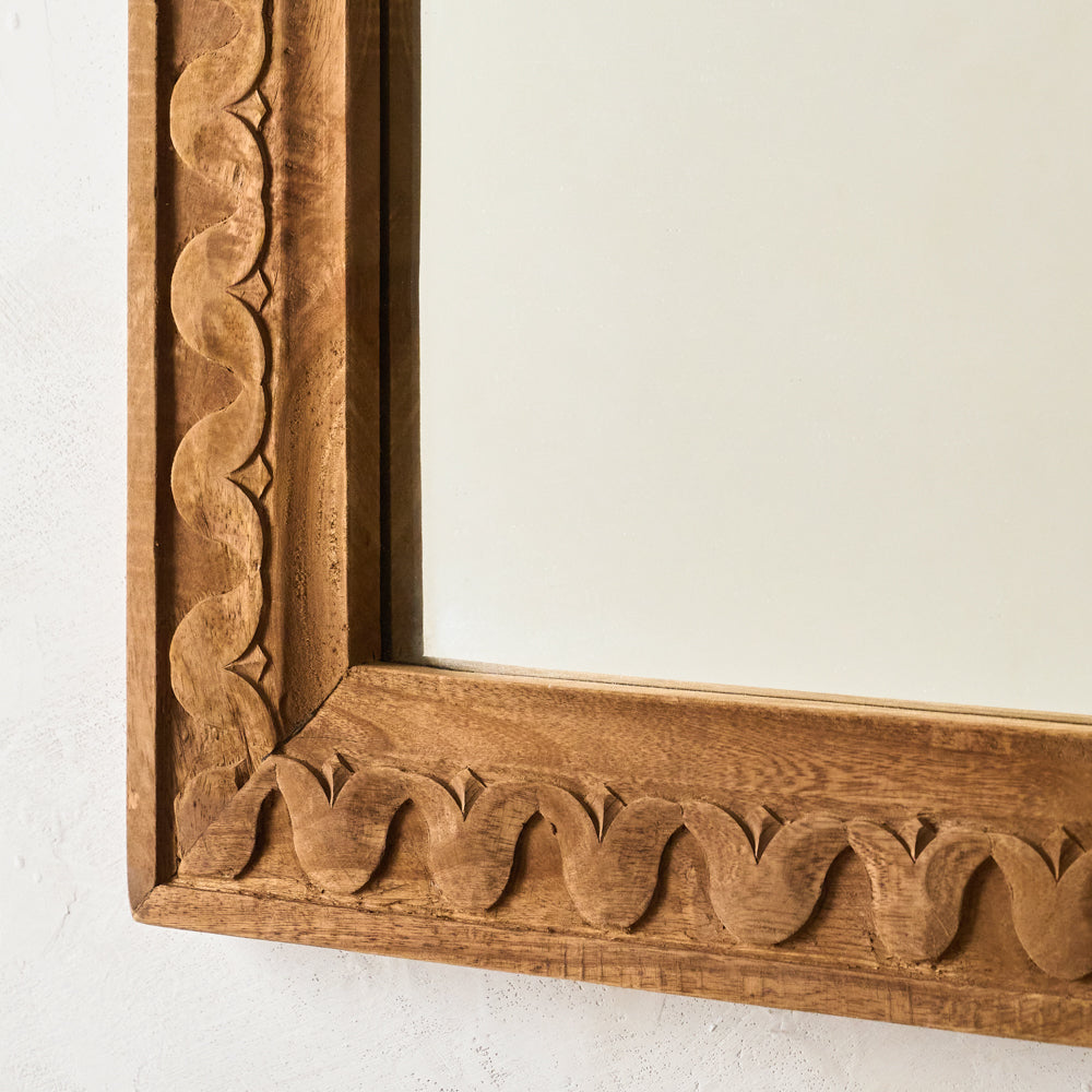 Hand-Carved Antiqued Wood Mirror up close