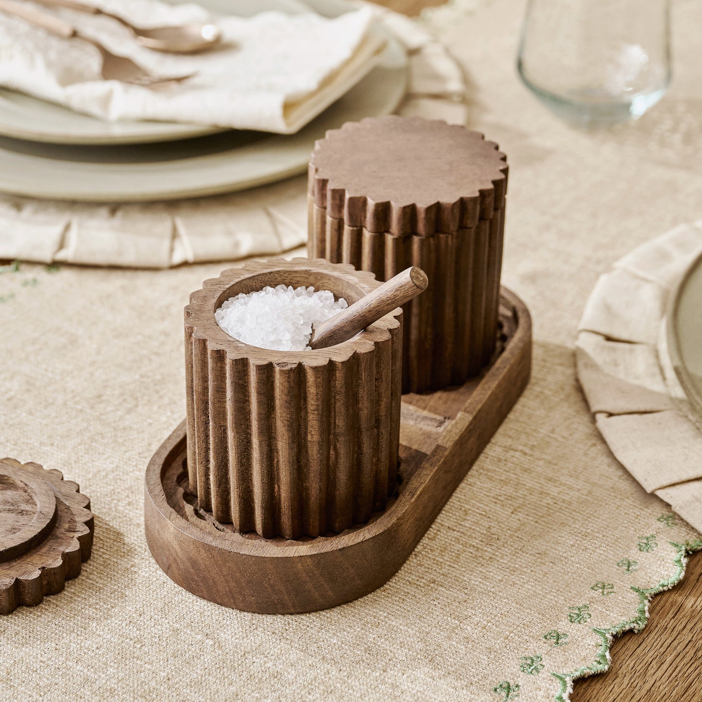 Antiqued Wood Scalloped Pinch Pot Set shown with salt