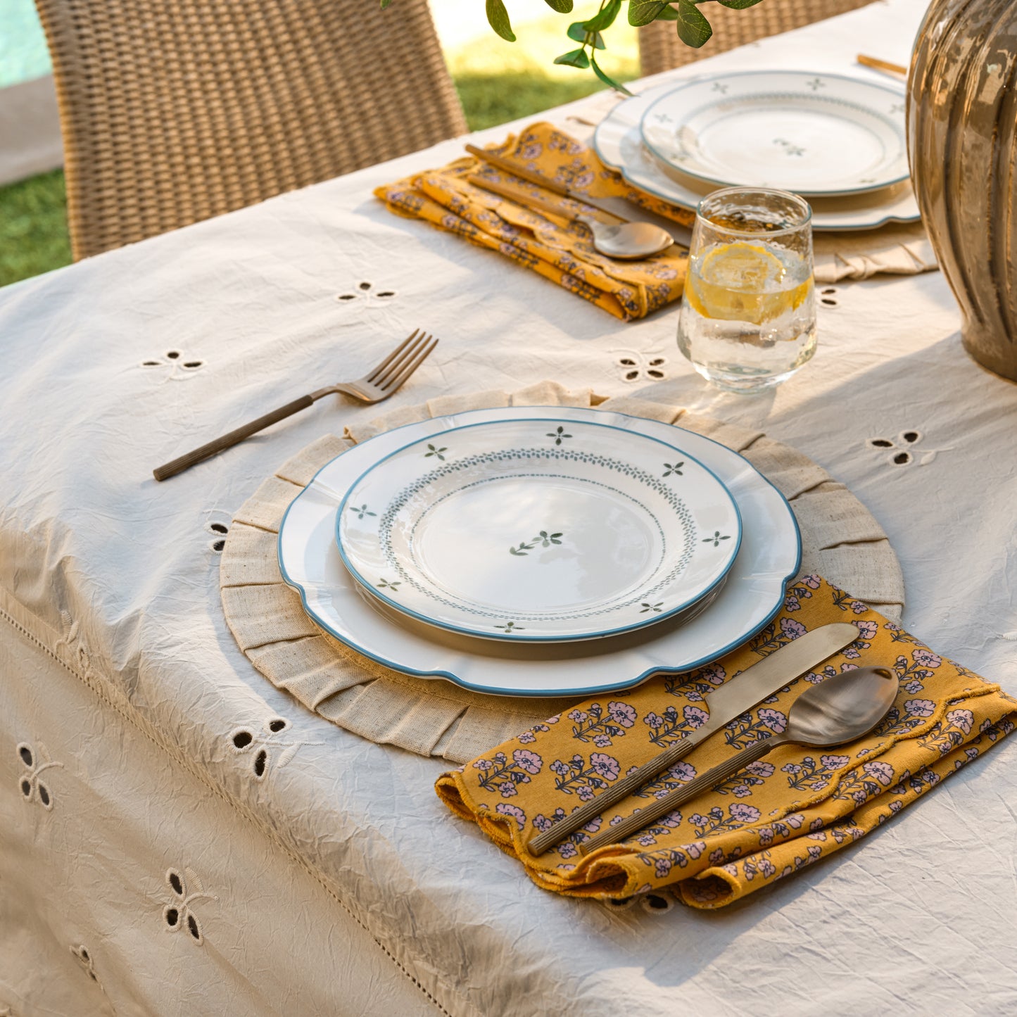Natural Pleated Placemat Set of Four shown with place setting