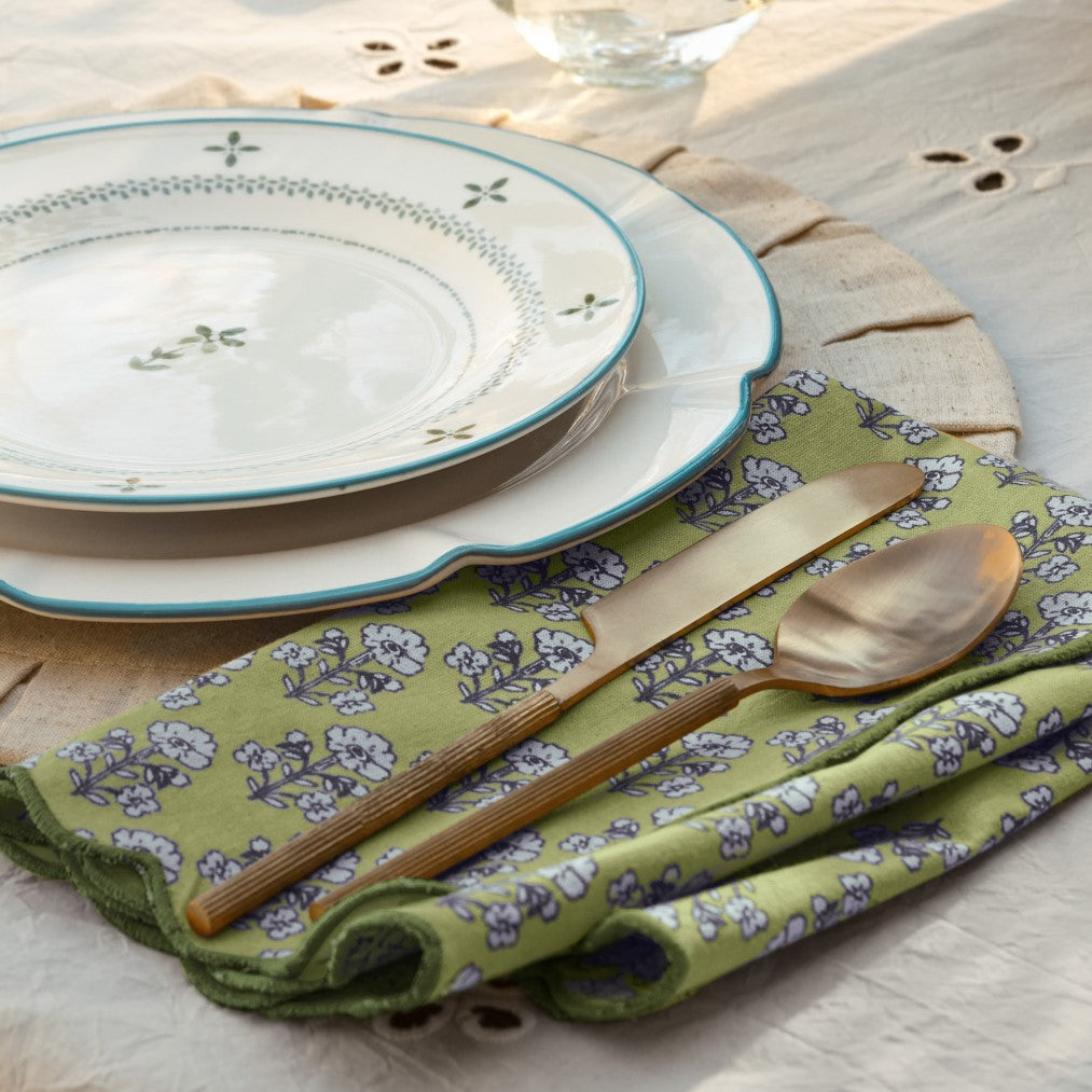 Antique Jade Scallop Edge Block Print Napkin shown folded with place setting
