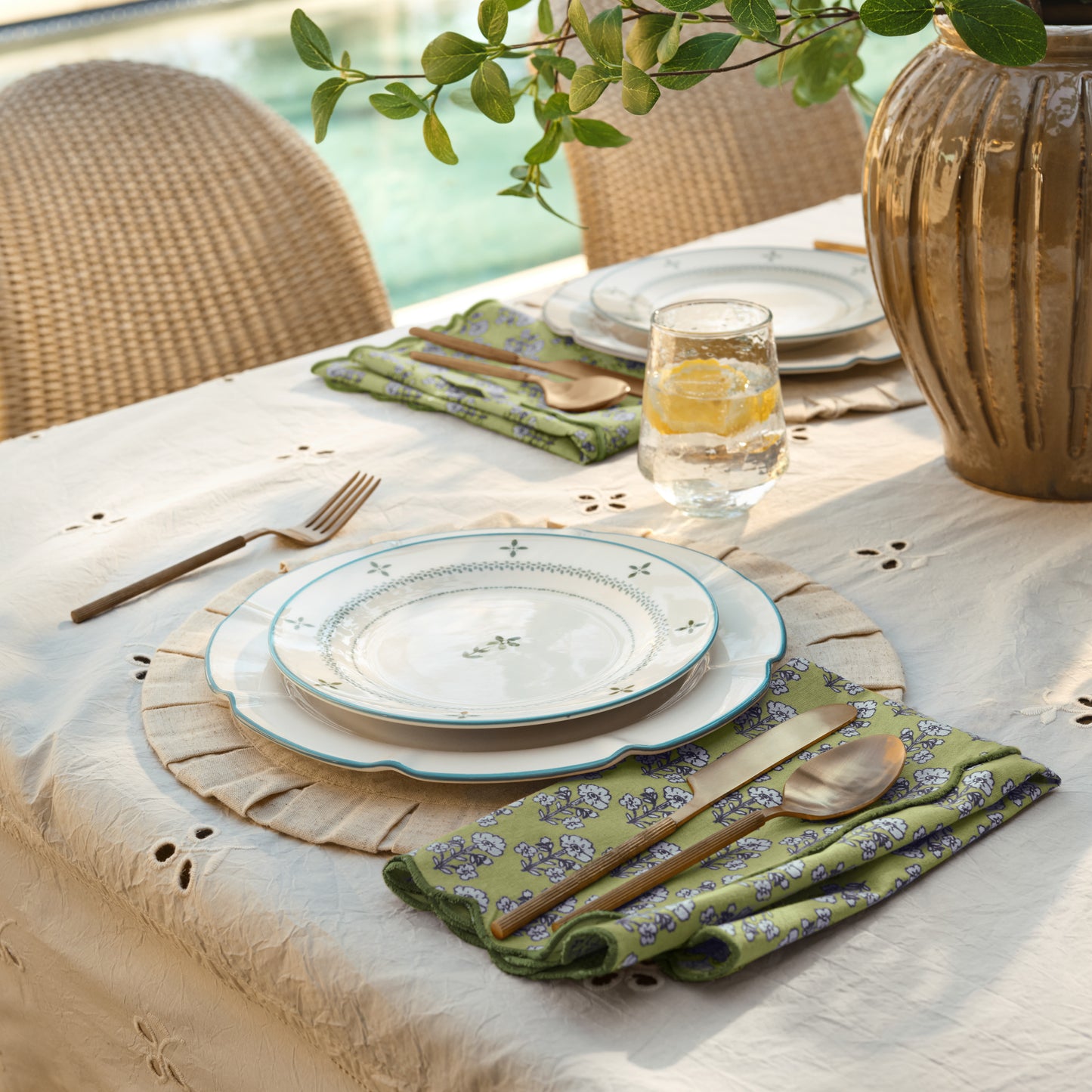 Antique Jade Scallop Edge Block Print Napkin shown with place setting