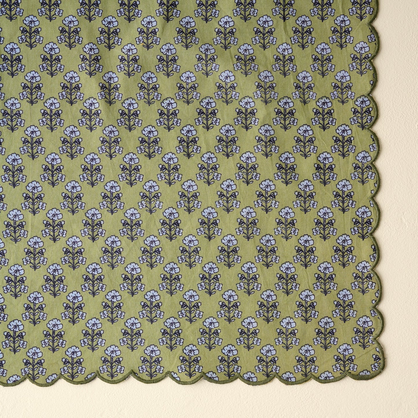 Antique Jade Scallop Edge Block Print Napkin up close