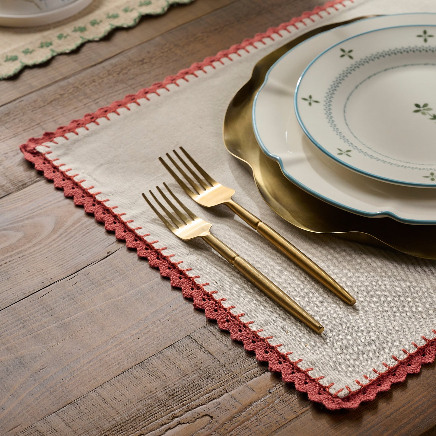 Apricot Crochet Edge Placemat Set of Four shown on table