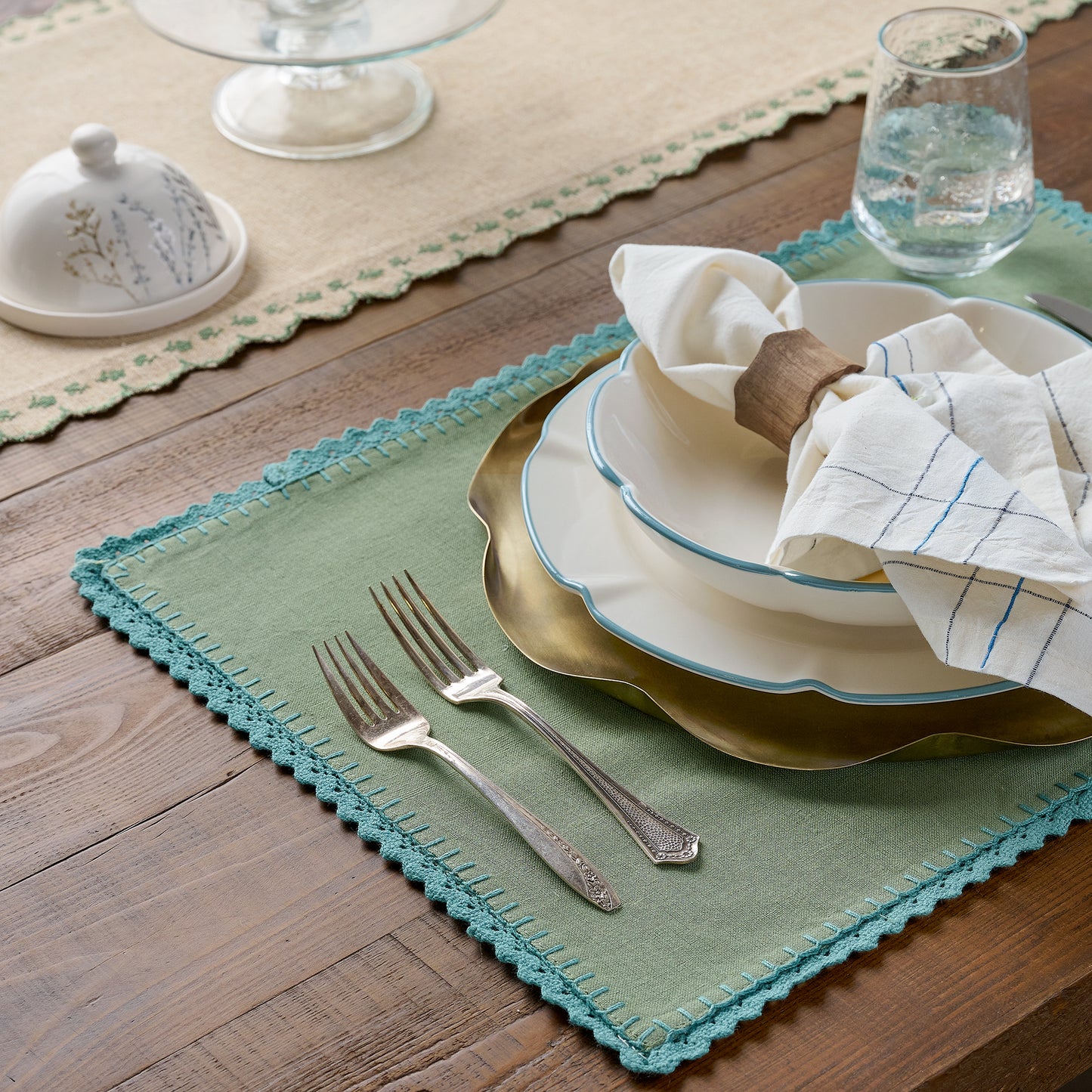 Green Crochet Edge Placemat Set of Four shown on table