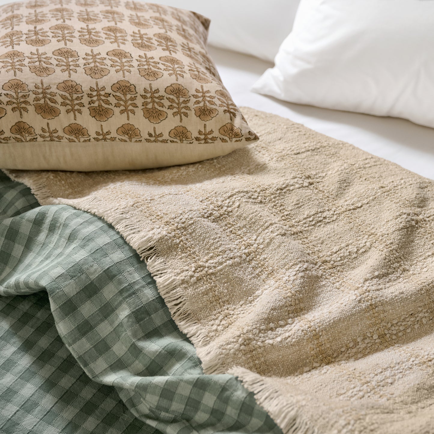 Woven Grid Coverlet - Natural up close on bed