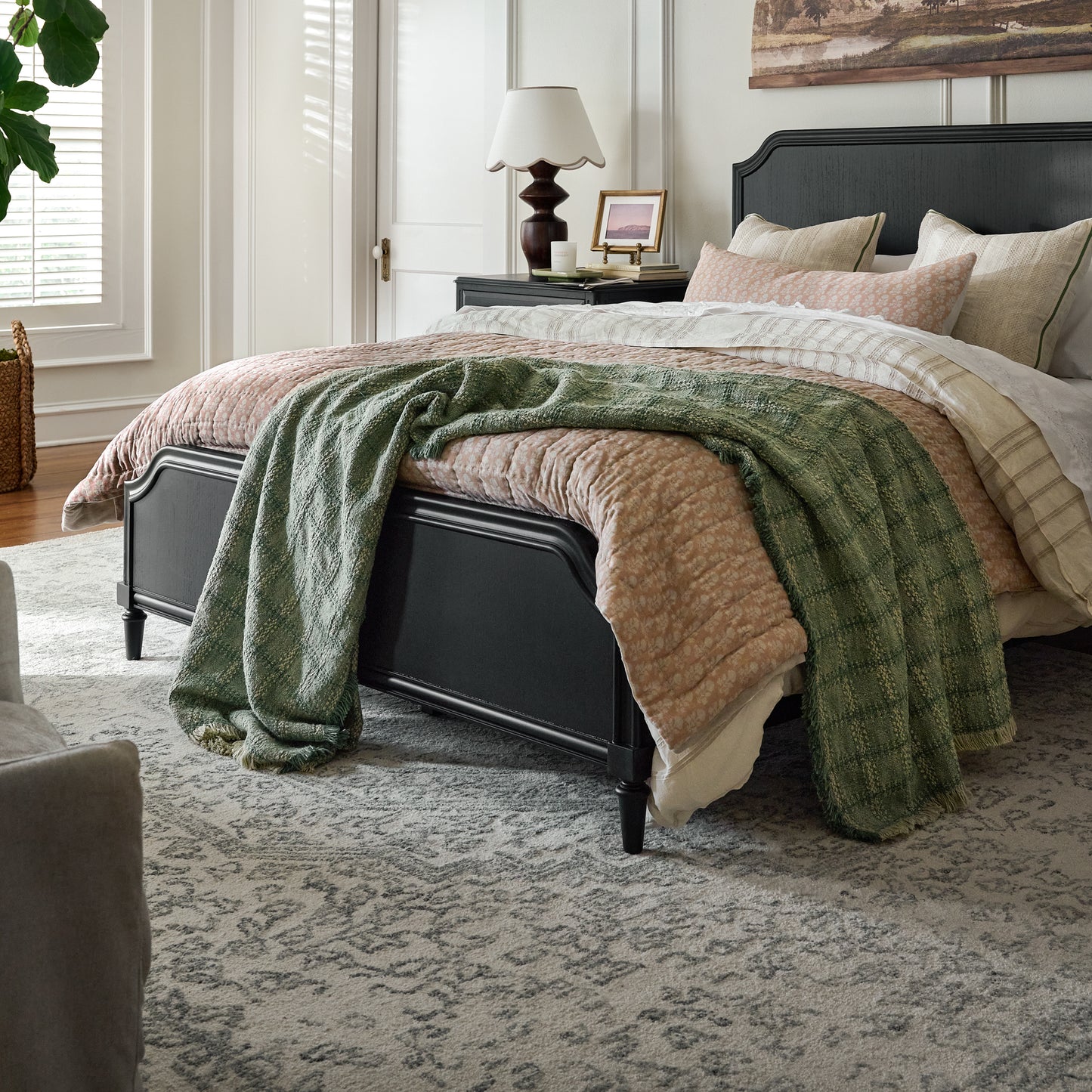 Woven Grid Coverlet - Seaspray shown on bed