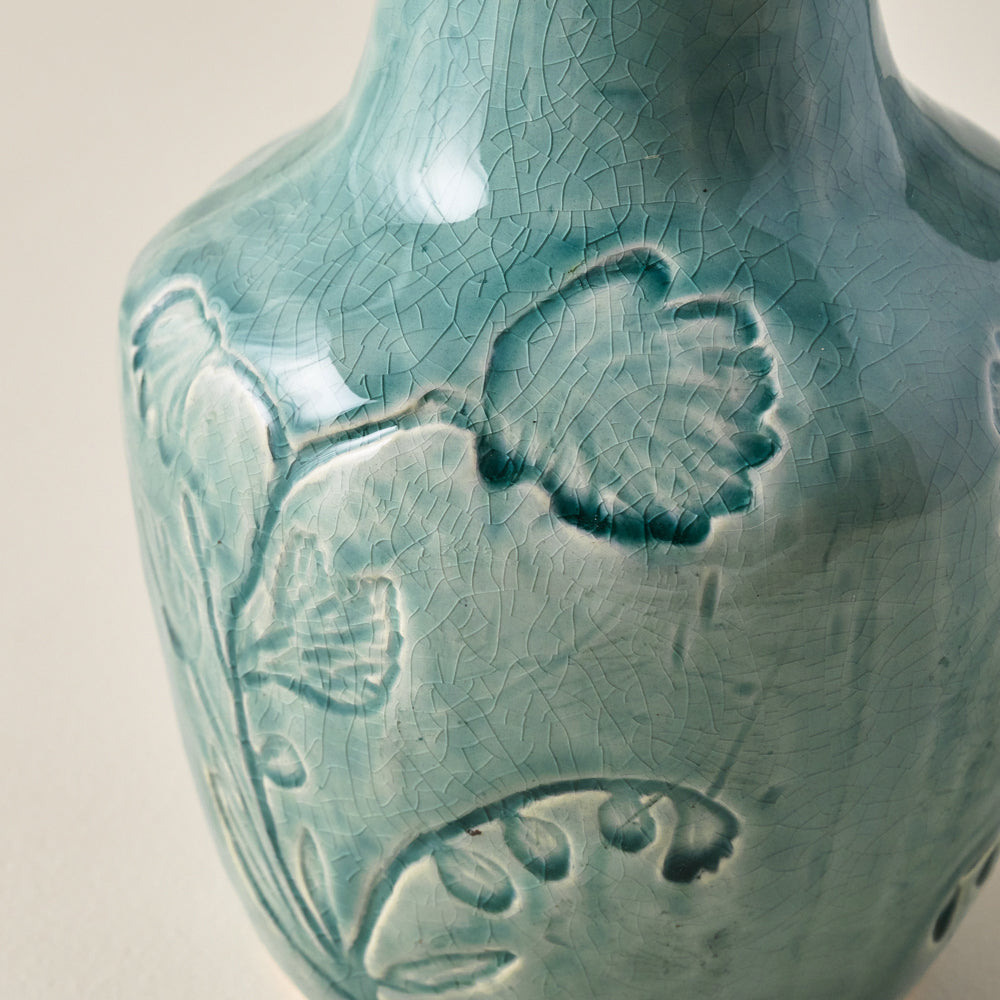Floral Glazed Ceramic Birdie Vase up close