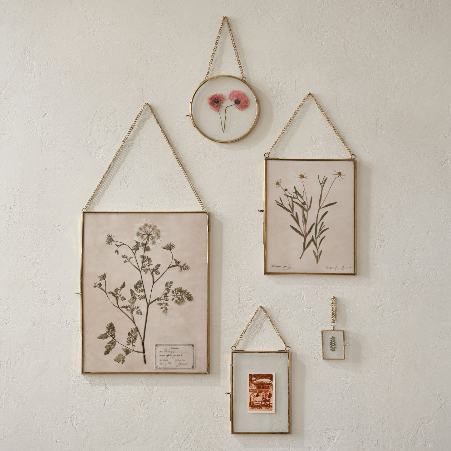Josie Hanging Brass Photo Frames shown on wall