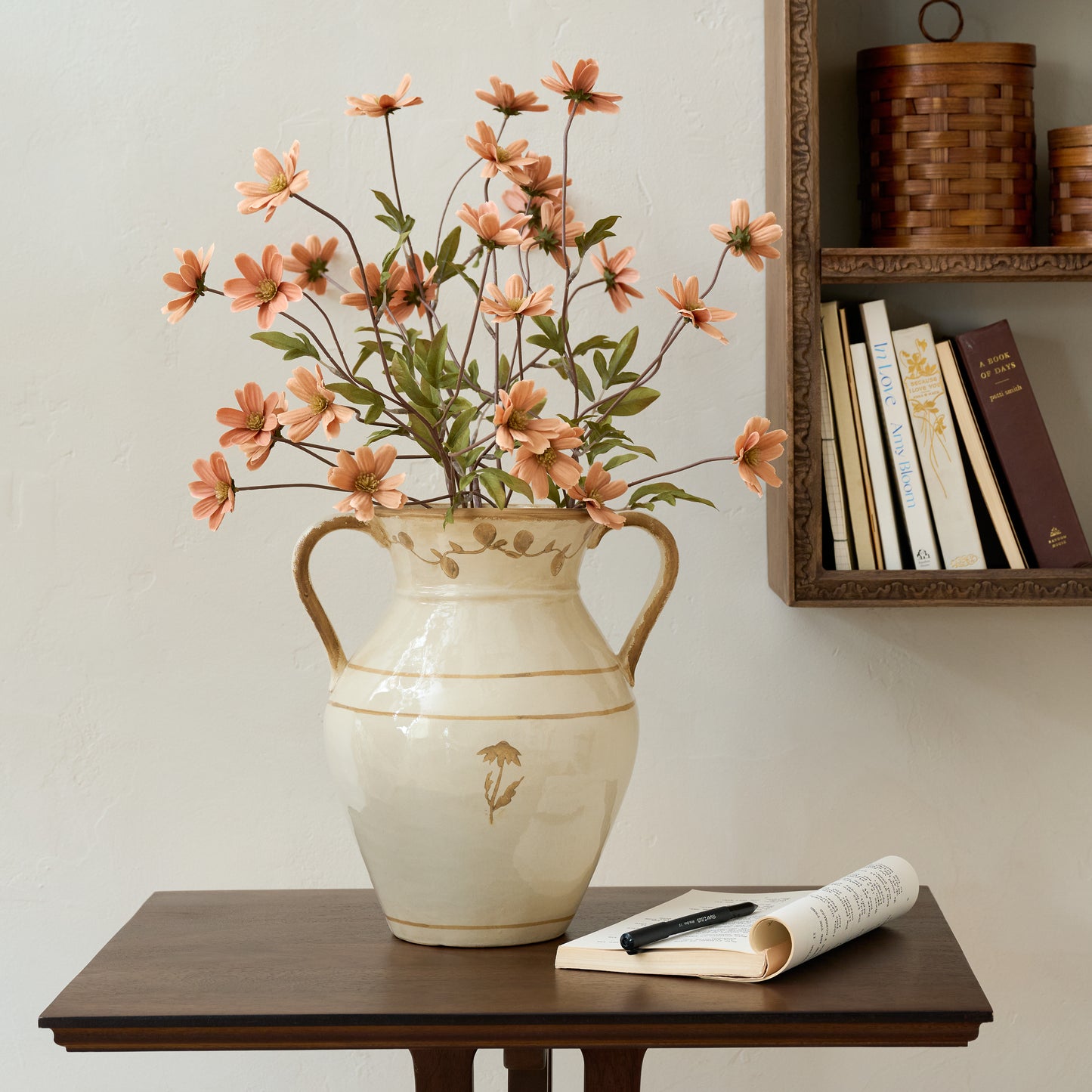 Nadine Ceramic Handled Vase shown styled on table