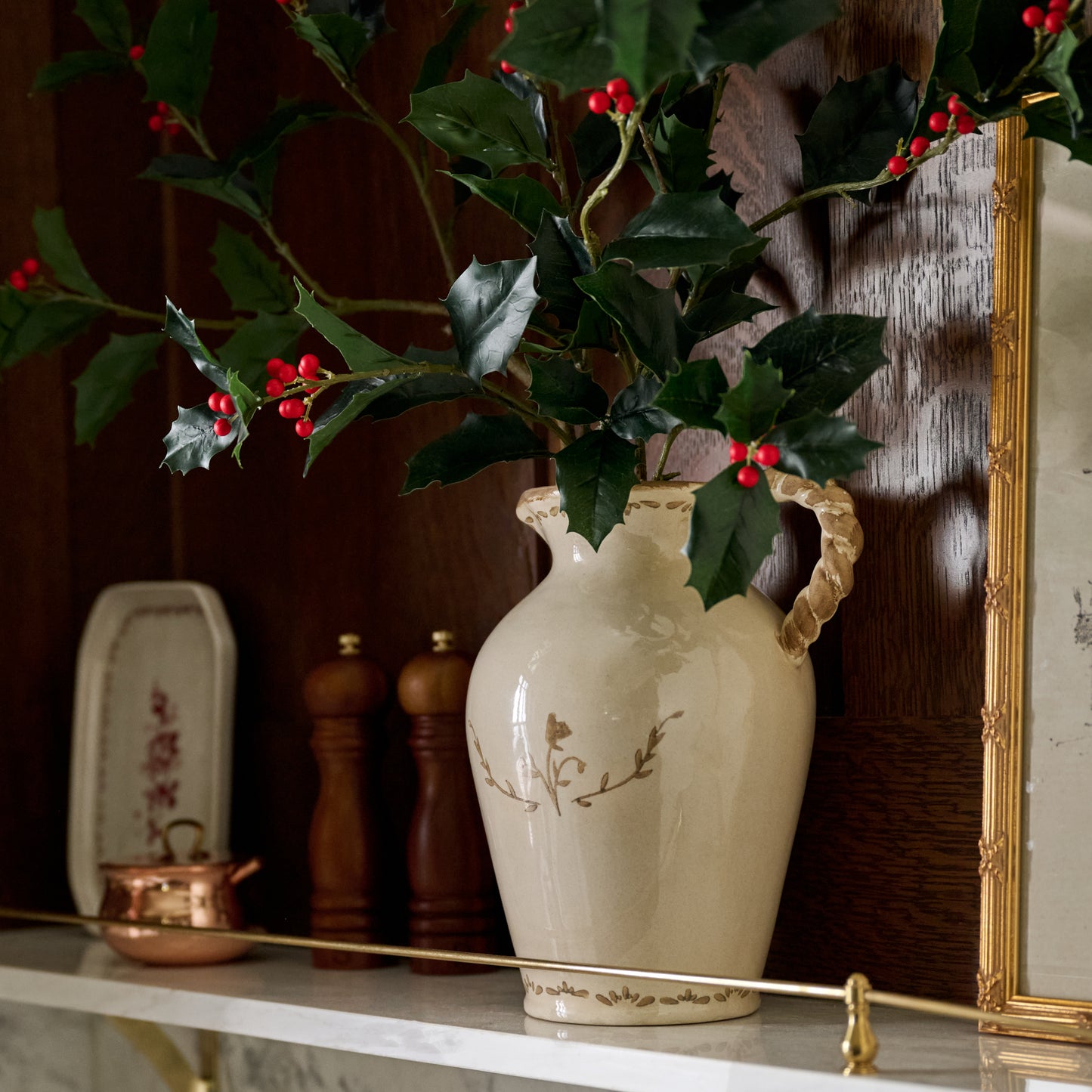 Nadine Ceramic Pitcher Vase styled for holiday