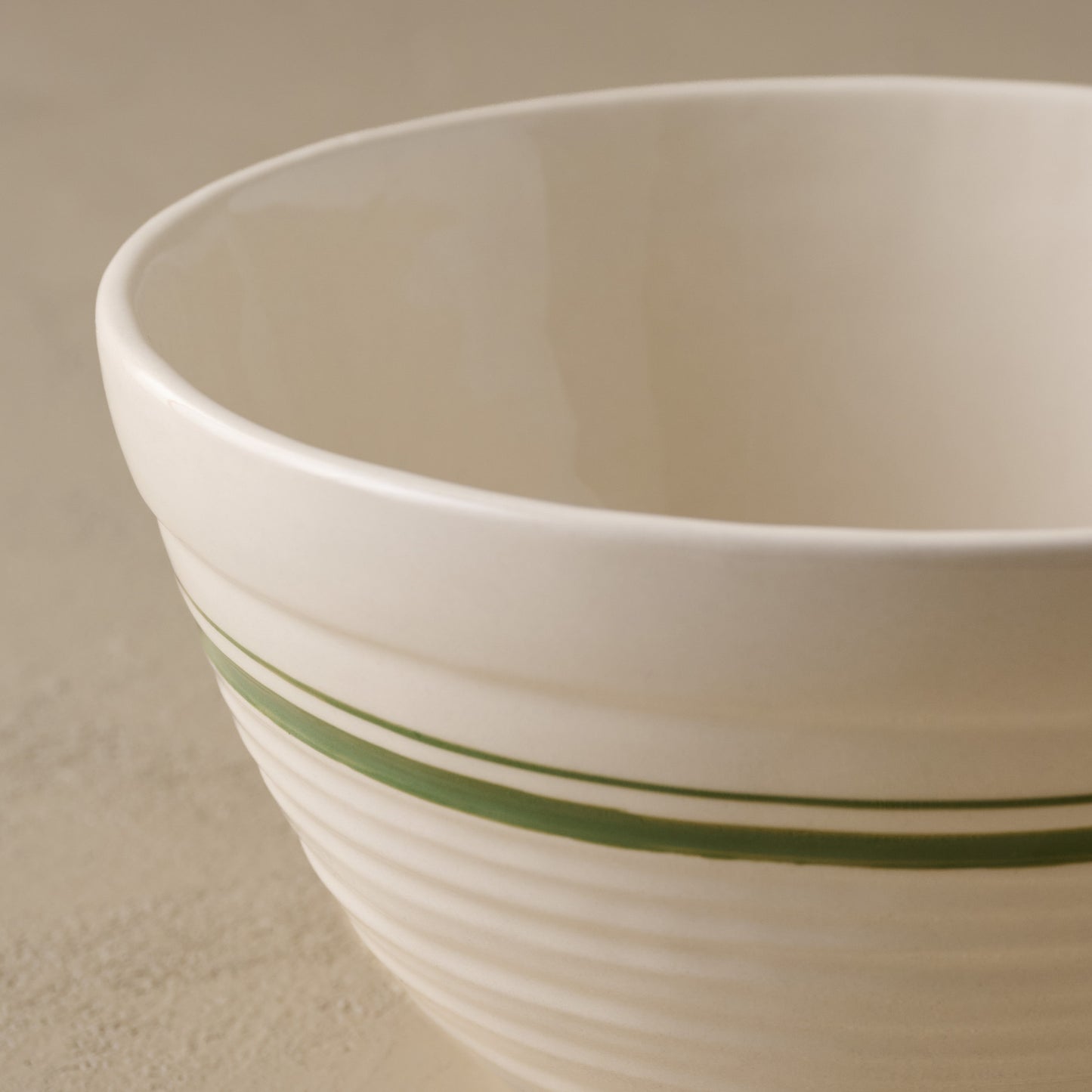 The Cottage Collection Forest Green Striped Mixing Bowl Set up close