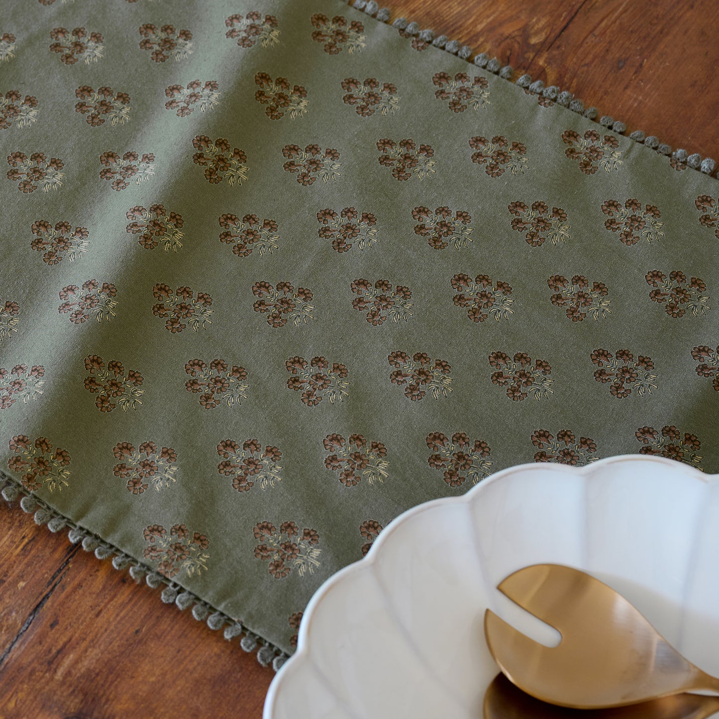 Magnolia Olive Green Block Printed Table Runner
