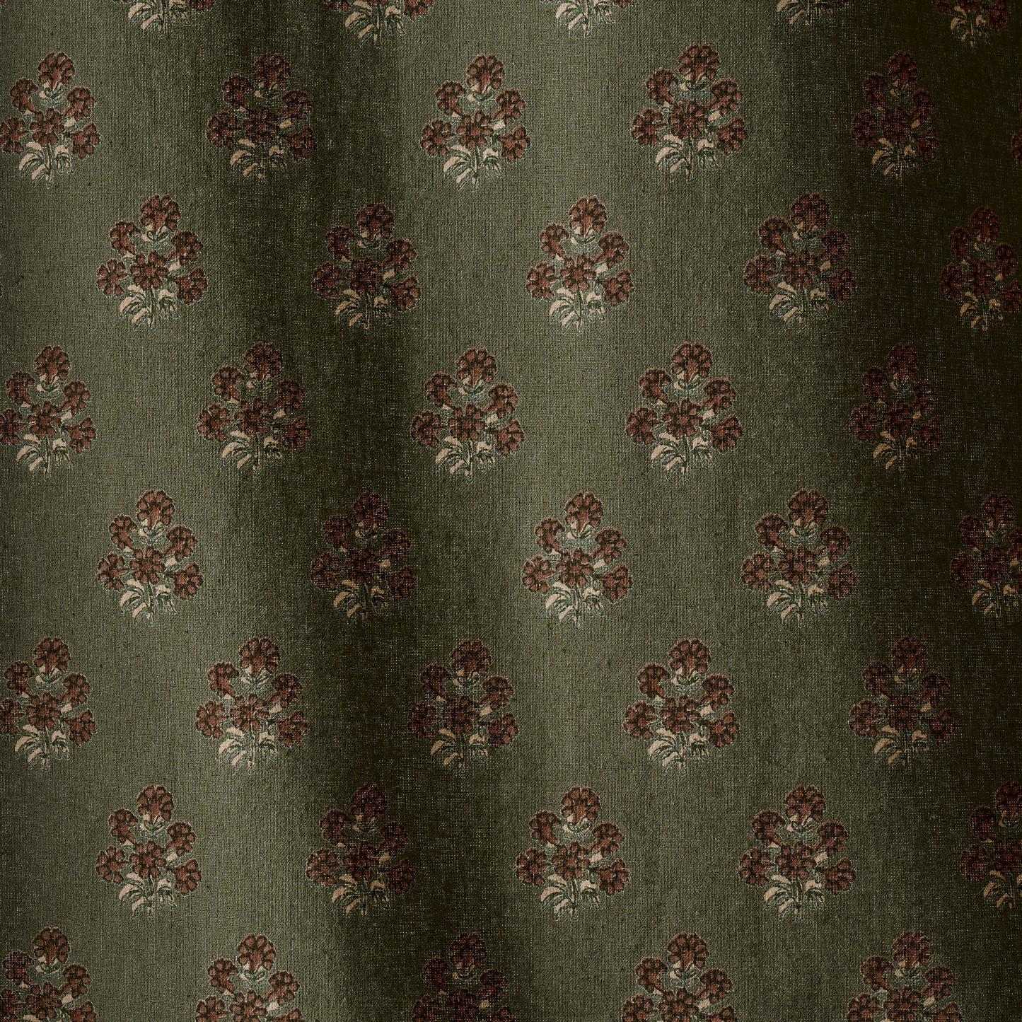 Magnolia Olive Green Block Printed Shower Curtain pattern up close
