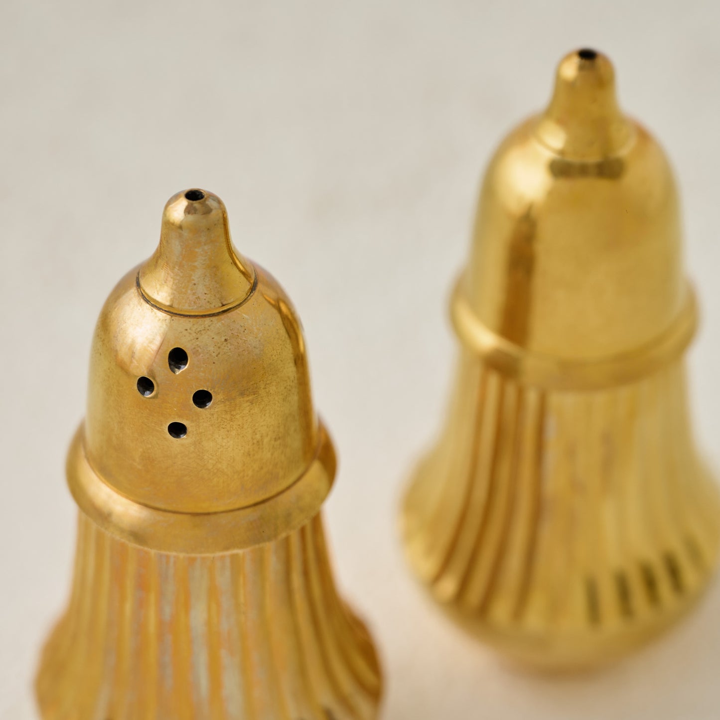 Brass Salt + Pepper Set up close